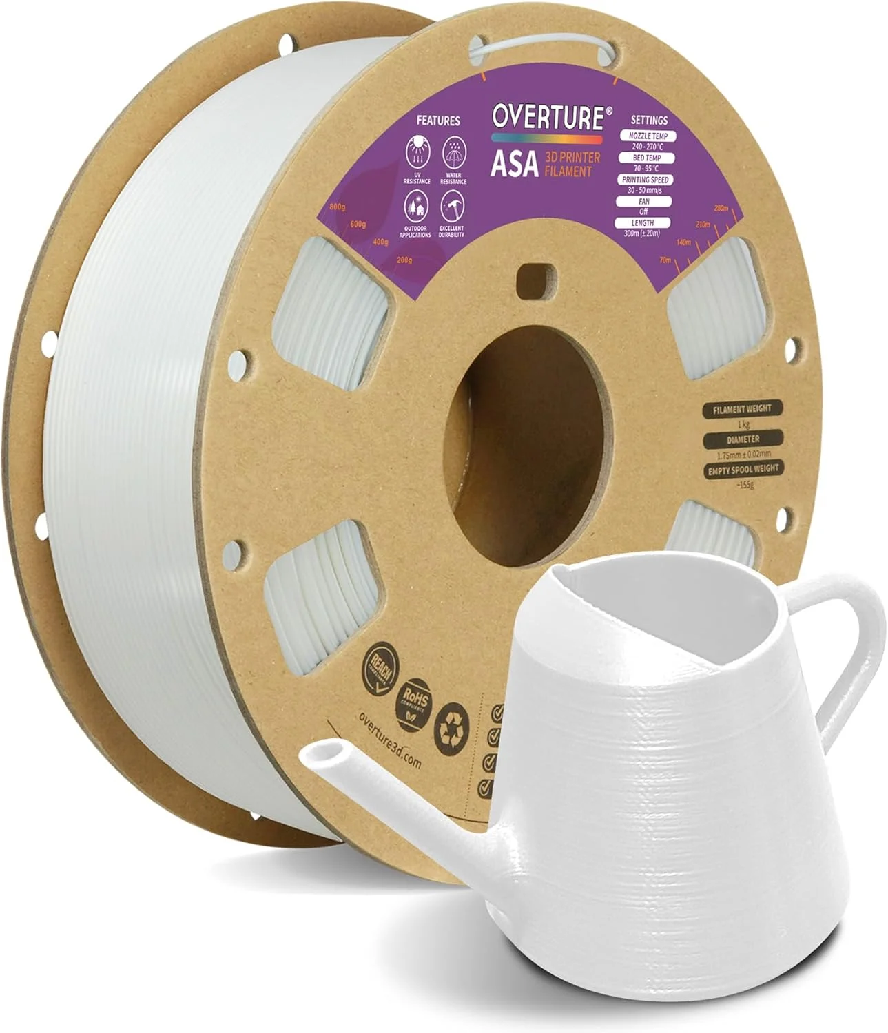 فیلامنت ASA اُورتِر، ۱.۷۵ میلی‌متر، اسپول ۱ کیلوگرمی (۲.۲ پوند)، فیلامنت پرینتر سه بعدی، ضد اشعه ماوراء بنفش، فیلامنت ASA مناسب برای چاپ قطعات کاربردی فضای باز، دقت ابعادی +/- ۰.۰۲ میلی‌متر (سفید)