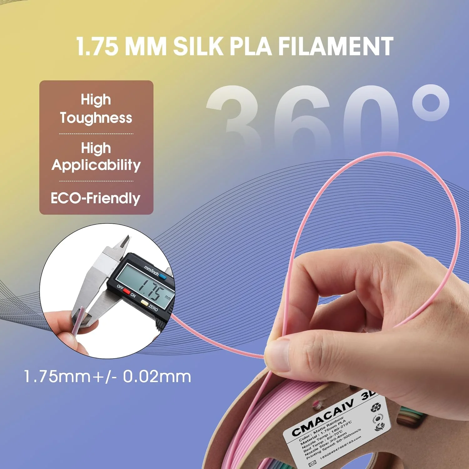 فیلامنت پرینتر سه بعدی PLA از مواد اولیه ایالات متحده، فیلامنت رنگین کمانی مات براق، تغییر رنگ بر اساس طول PLA، مناسب برای اکثر پرینترهای سه بعدی FDM، قرقره 250 گرمی، رنگین کمان درخشان