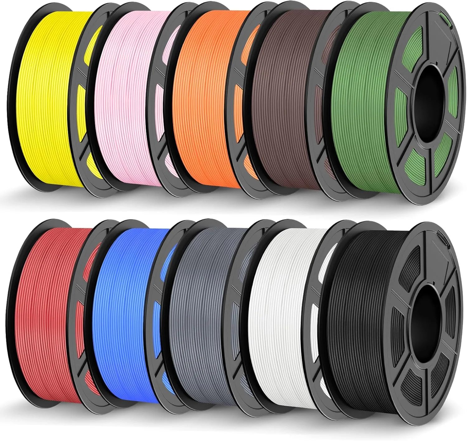 بسته فیلامنت پرینتر سه بعدی PLA جیو، 11 کیلوگرم، فیلامنت PLA 1.75 میلی متر، بسته 10 تایی قرقره 1.1 کیلوگرمی (مشکی، سفید، خاکستری، آبی فیروزه ای، قرمز گیلاسی، سبز زیتونی، نارنجی آفتابی، زرد، صورتی ساکورا، شکلاتی)