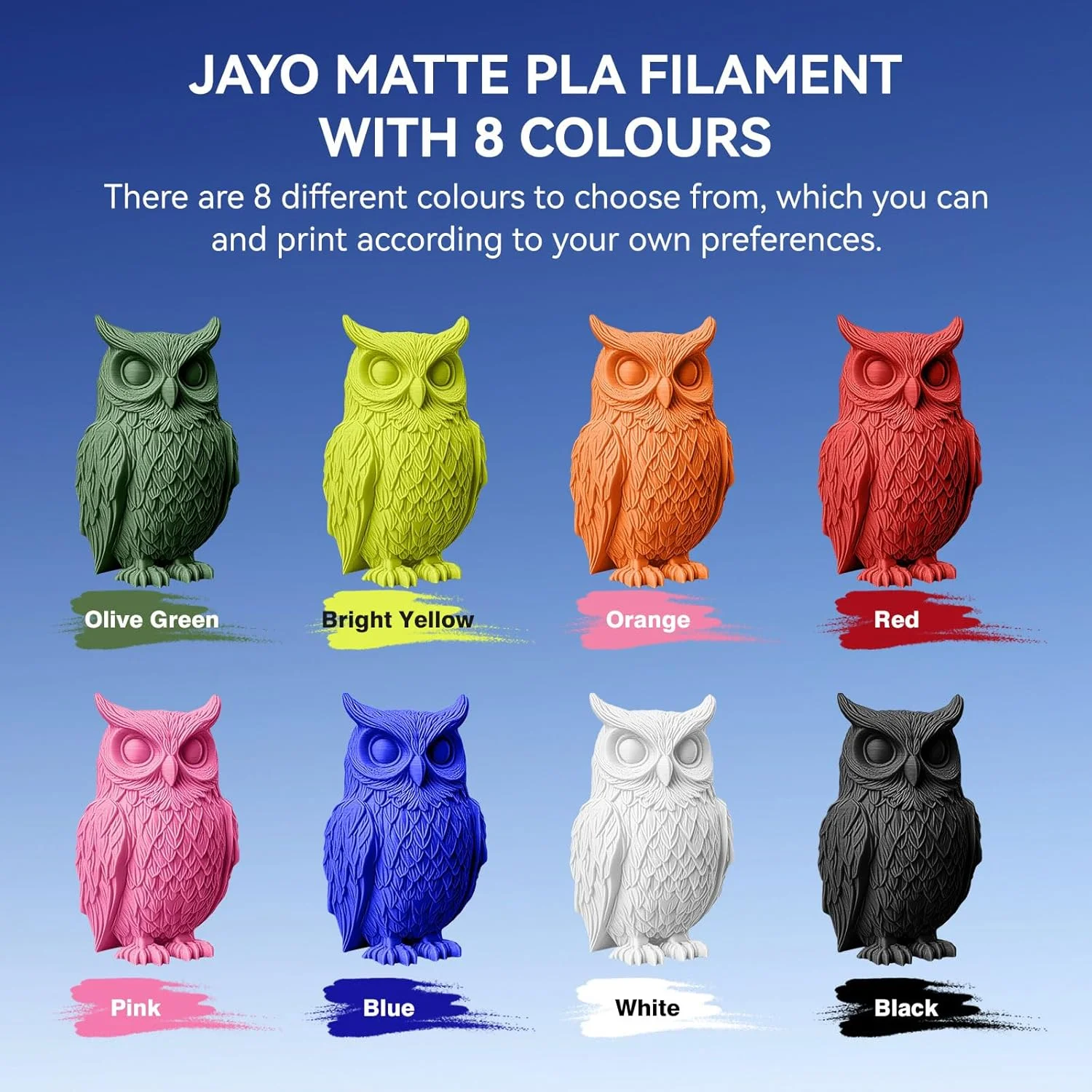 بسته فیلامنت پرینتر سه بعدی PLA مات JAYO، ۲ کیلوگرم، فیلامنت PLA مات ۱.۷۵ میلی متر، بسته ۸ تایی قرقره ۲۵۰ گرمی (مشکی، سفید، آبی، قرمز، صورتی، نارنجی، زرد روشن، سبز زیتونی)