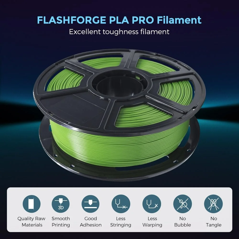 فیلامنت پرینتر سه بعدی FLASHFORGE، فیلامنت PLA PRO 1.75 میلی‌متری، اسپول 1 کیلوگرمی (2.2 پوند)، دقت ابعادی +/- 0.02 میلی‌متر برای پرینترهای سه بعدی FDM، چقرمگی بهتر و بدون گره خوردگی (سبز)