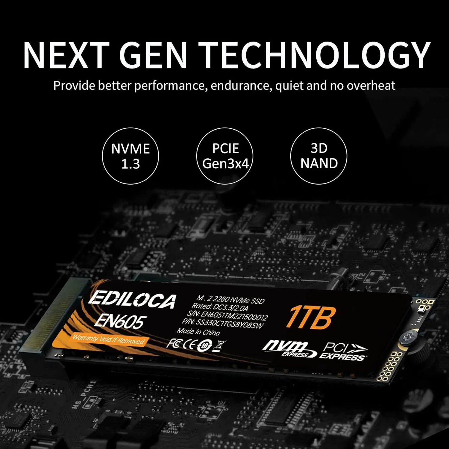 درایو حالت جامد ۱ ترابایتی M.2 2280 مدل EN605، NVMe1.3 PCIe Gen3 x4، حافظه NAND سه بعدی TLC، درایوهای حالت جامد داخلی، سرعت خواندن/نوشتن تا 2150/1850 مگابایت بر ثانیه، سازگار با لپ تاپ و کامپیوتر رومیزی