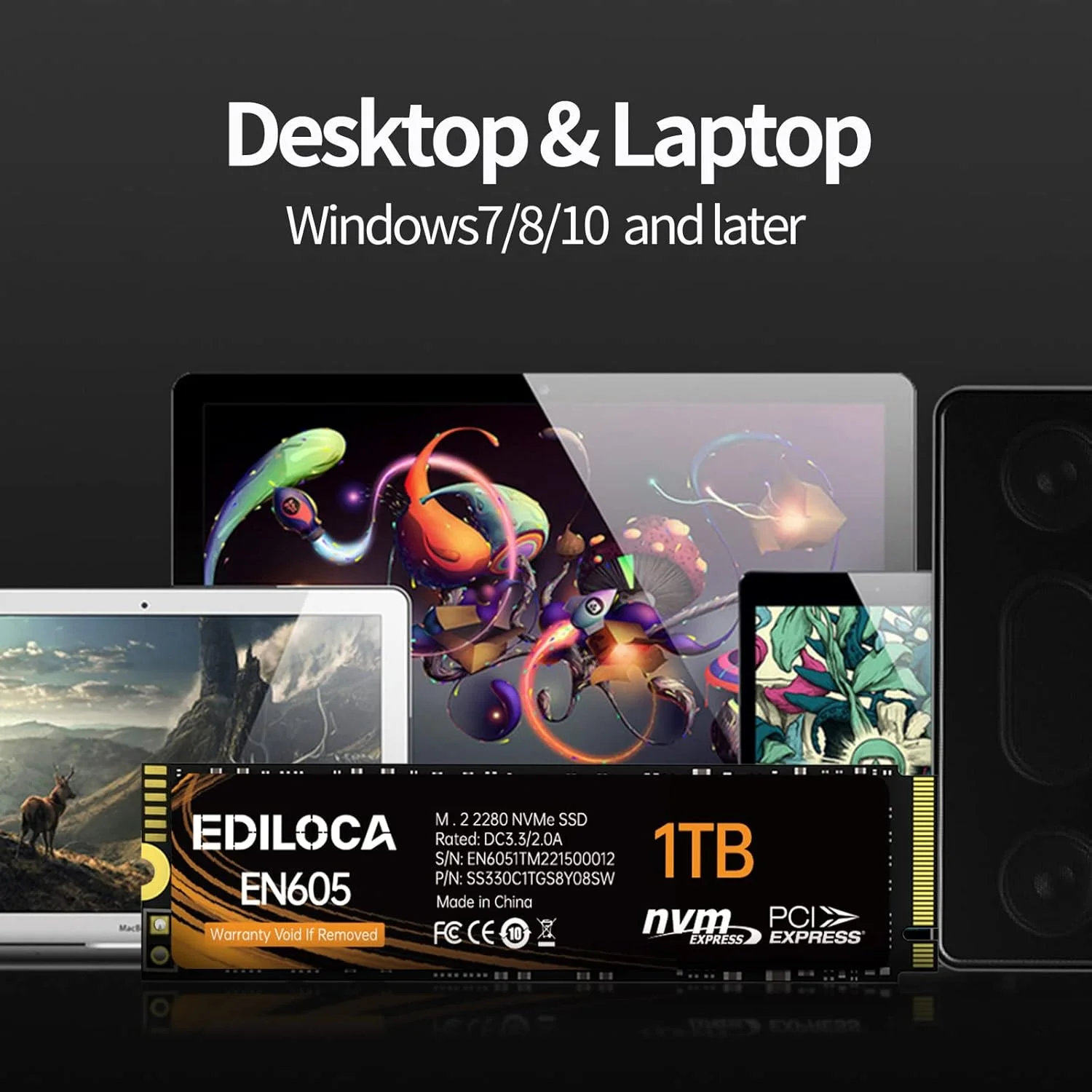 درایو حالت جامد ۱ ترابایتی M.2 2280 مدل EN605، NVMe1.3 PCIe Gen3 x4، حافظه NAND سه بعدی TLC، درایوهای حالت جامد داخلی، سرعت خواندن/نوشتن تا 2150/1850 مگابایت بر ثانیه، سازگار با لپ تاپ و کامپیوتر رومیزی