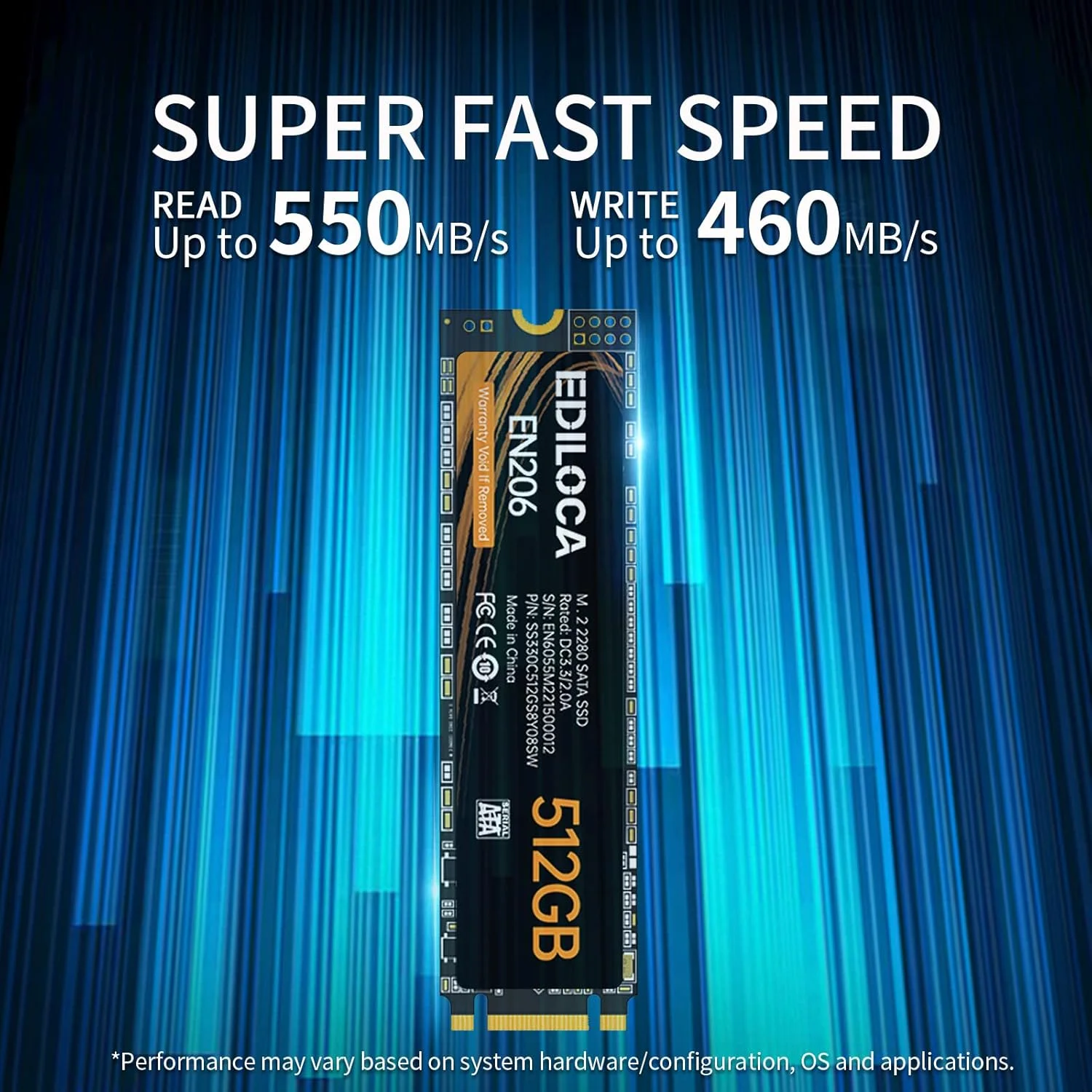 درایو حالت جامد داخلی 512 گیگابایتی EN206 3D NAND TLC M.2 SSD، M.2 2280 SATA III 6Gb/s، سرعت خواندن/نوشتن تا 550/460 مگابایت بر ثانیه، سازگار با الترابوک ها، تبلت ها و مینی کامپیوترها