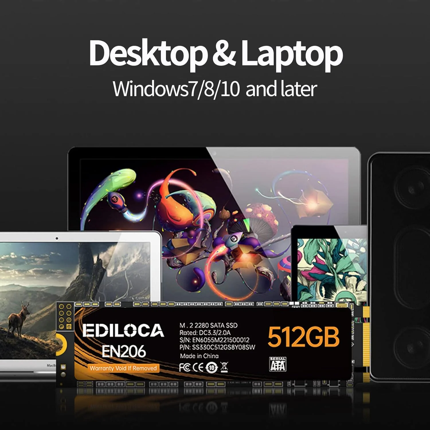 درایو حالت جامد داخلی 512 گیگابایتی EN206 3D NAND TLC M.2 SSD، M.2 2280 SATA III 6Gb/s، سرعت خواندن/نوشتن تا 550/460 مگابایت بر ثانیه، سازگار با الترابوک ها، تبلت ها و مینی کامپیوترها
