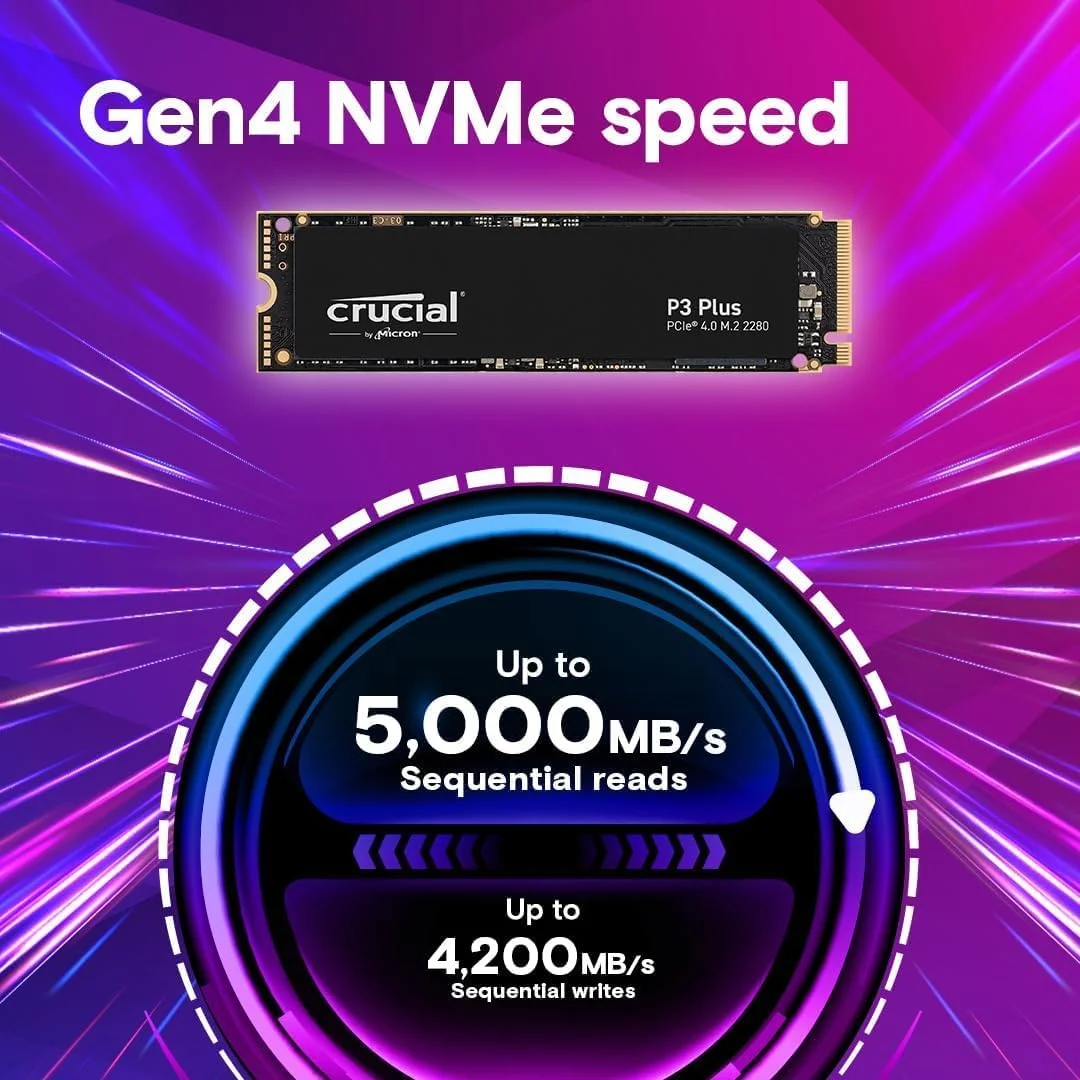 حافظه اس اس دی داخلی کروشیال P3 Plus با ظرفیت 2 ترابایت، M.2 PCIe Gen4 NVMe، سرعت خواندن 5,000 مگابایت بر ثانیه، سرعت نوشتن 4,200 مگابایت بر ثانیه، سازگار با لپ تاپ و کامپیوتر