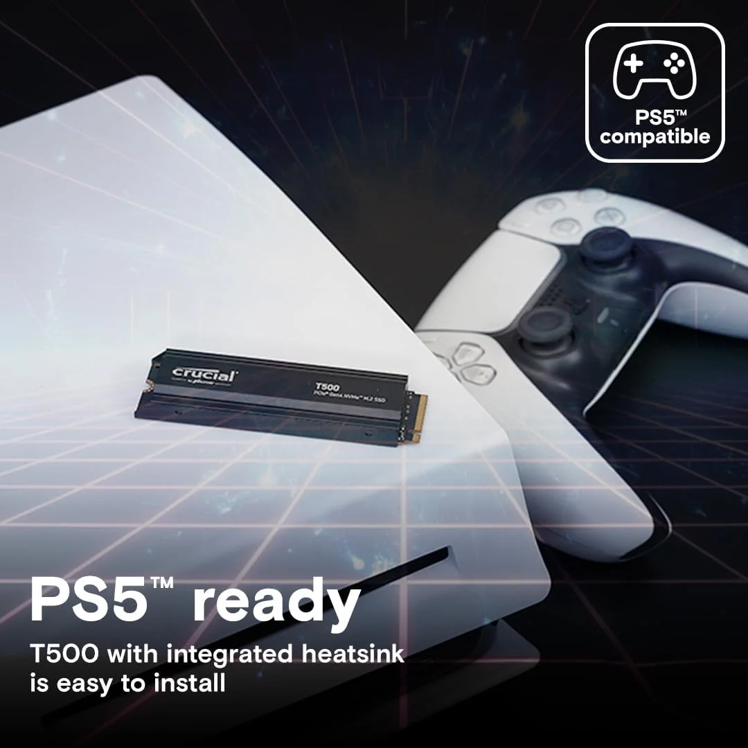 درایو حالت جامد کروشیال T500 با ظرفیت 2 ترابایت PCIe Gen4 NVMe M.2 داخلی PS5 SSD هارد دیسک با هیت سینک، تا 7400 مگابایت بر ثانیه، TLC NAND، سازگار با لپ تاپ و دسکتاپ، Microsoft DirectStorage - CT2000T500SSD5 درایو حالت جامد کروشیال T500 با ظرفیت 2 ترابایت PCIe Gen4 NVMe M.2 داخلی PS5 SSD هارد دیسک با هیت سینک، تا 7400 مگابایت بر ثانیه، TLC NAND، سازگار با لپ تاپ و دسکتاپ، Microsoft DirectStorage - CT2000T500SSD5