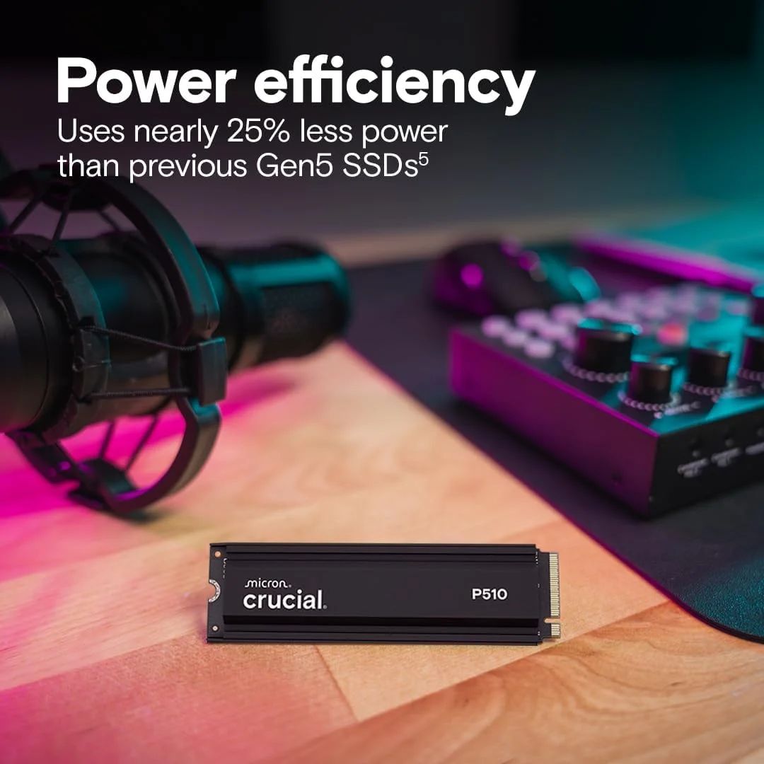 درایو حالت جامد (SSD) کروشیال P510 با ظرفیت 2 ترابایت، نسل 5، NVMe، همراه با هیت سینک، سرعت خواندن/نوشتن تا 10,000 مگابایت بر ثانیه، PCIe 5.0 M.2 2280، درایو حالت جامد داخلی، سازگار با کامپیوترهای رومیزی و PS5، به همراه نرم‌افزار Acronis - CT2000P510SSD5-01