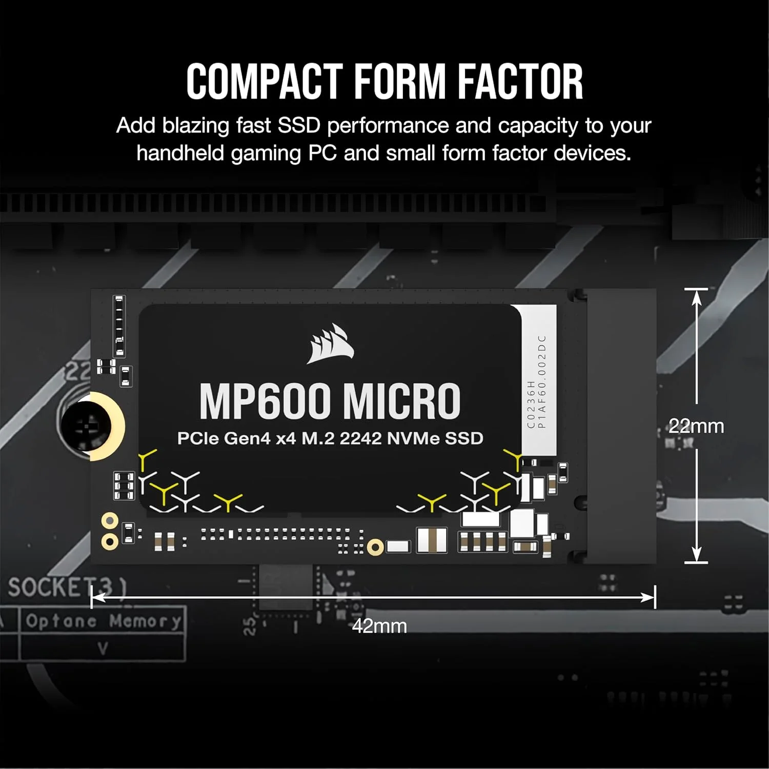 حافظه اس اس دی Corsair MP600 Micro 1TB M.2 NVMe PCIe x4 Gen4 - M.2 2242 - سرعت خواندن ترتیبی تا 7000 مگابایت بر ثانیه - تراکم بالا 3D TLC NAND - سازگار با Lenovo Legion Go و لپ‌تاپ‌های باریک - مشکی