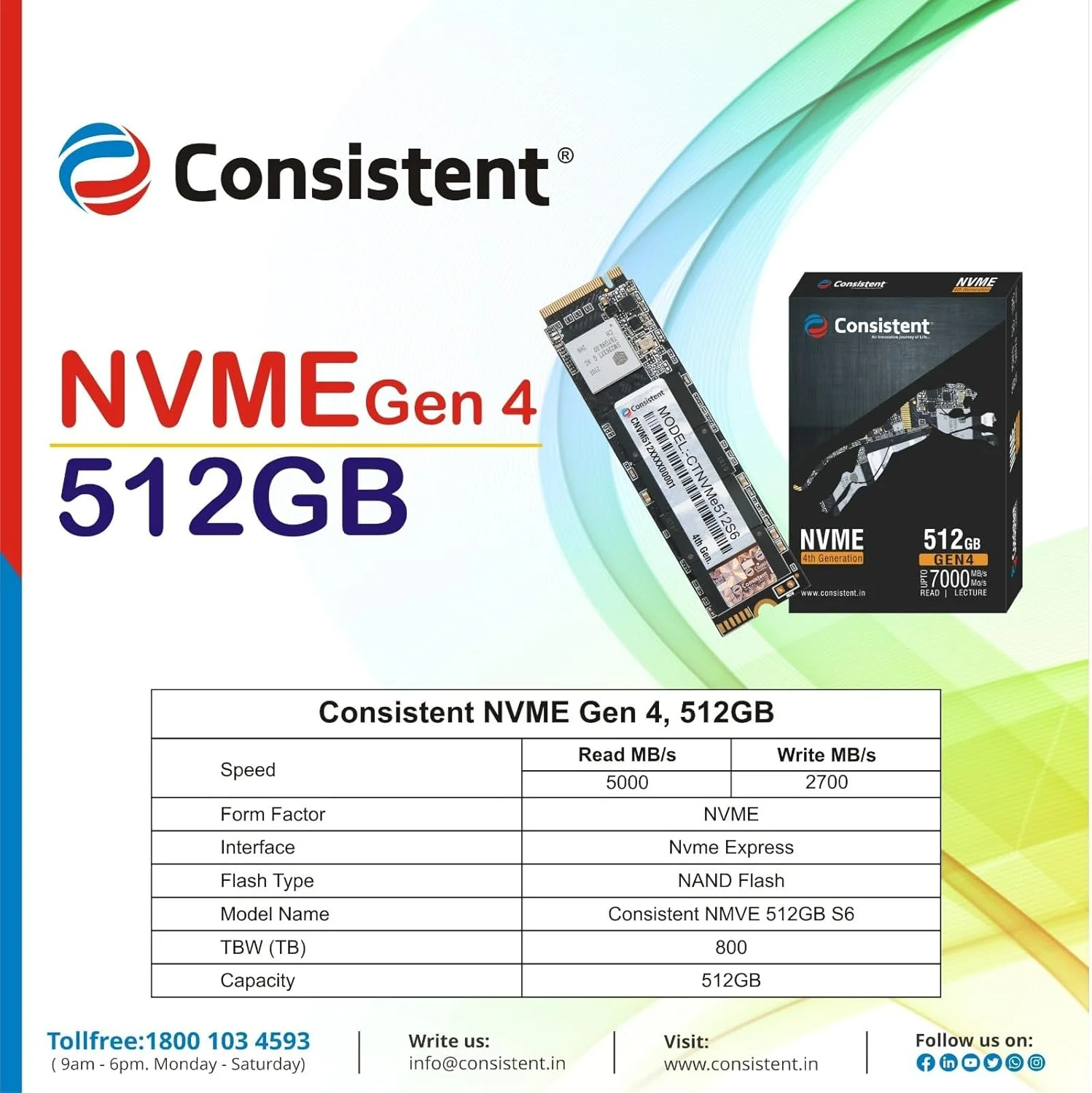 درایو حالت جامد داخلی 512 گیگابایتی Consistent با سرعت خواندن تا 5000 مگابایت بر ثانیه PCIe 4.0 NVMe M.2 (2280) (CTNVMe5124G)