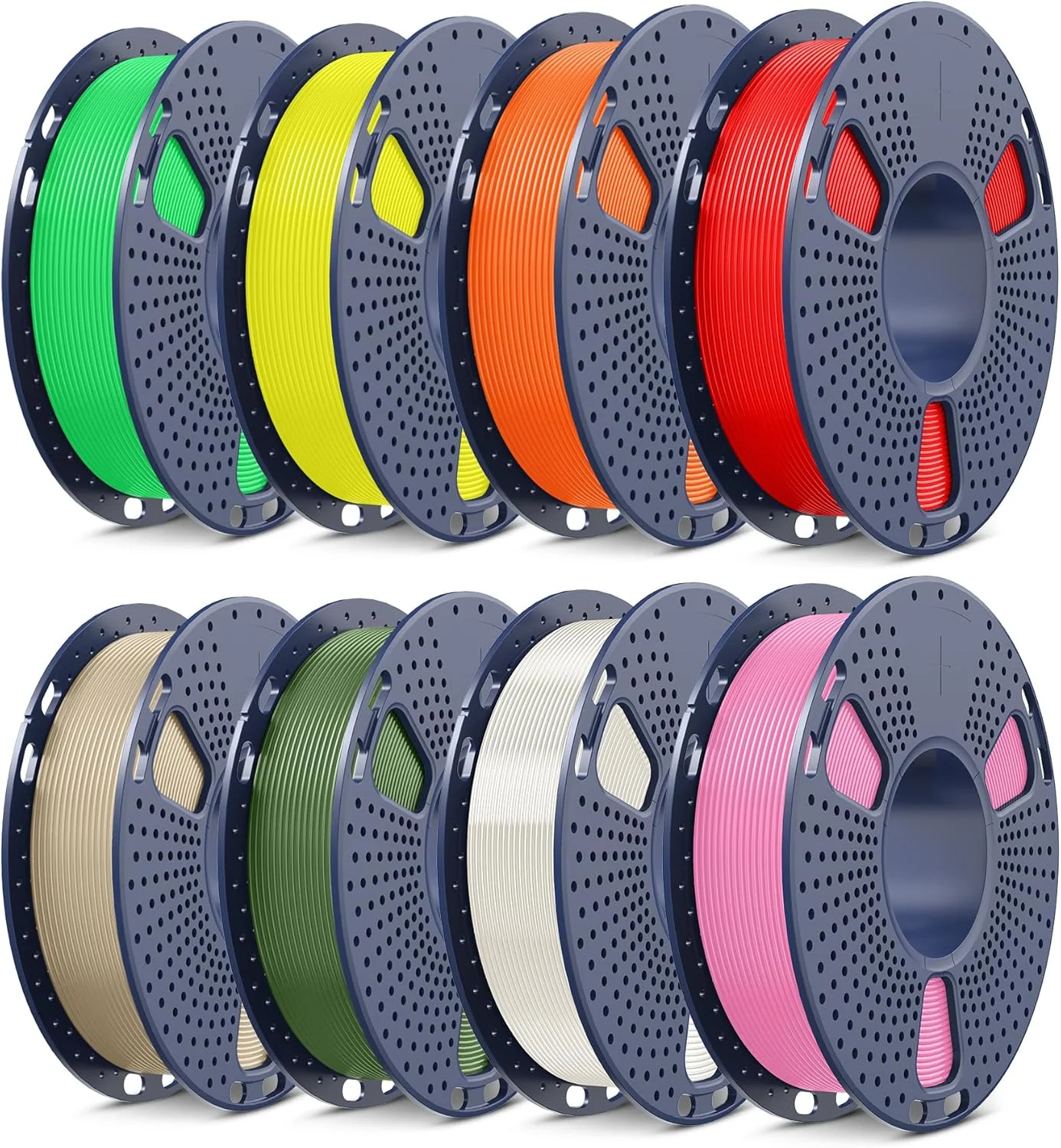 بسته فیلامنت PLA سانلو 250 گرمی، بسته فیلامنت پرینتر سه بعدی PLA چند رنگ 1.75 میلی متری، بسته بندی جداگانه وکیوم شده، قرقره 250 گرمی، 8 رول، زرد+سبز+نارنجی+صورتی+قرمز+شفاف+چوب+سبز زیتونی