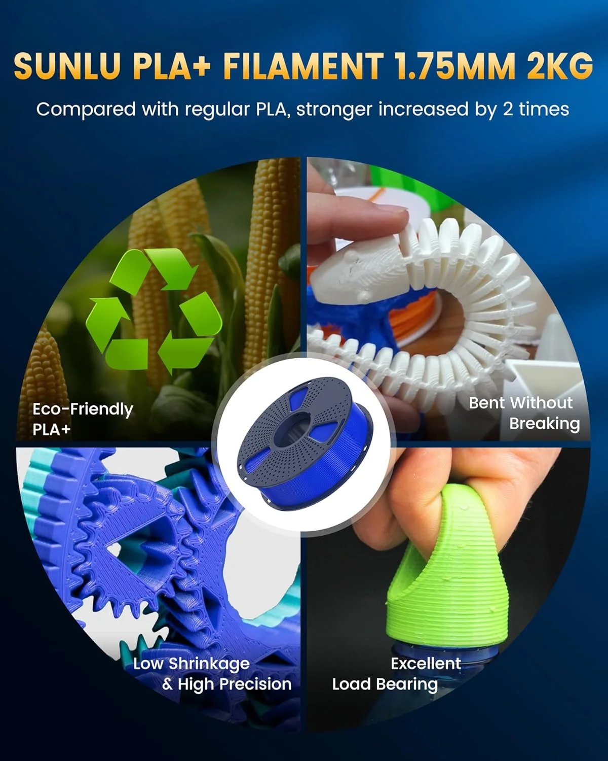 بسته فیلامنت پرینتر سه بعدی SUNLU PLA+2.0، فیلامنت PLA+ ارتقا یافته 1.75 میلی متر، مقاوم تر و قوی تر، دقت ابعادی +/- 0.02 میلی متر، 1 کیلوگرم در هر قرقره، بسته 4 عددی، مجموع 4 کیلوگرم، نارنجی + زرد + صورتی + بنفش