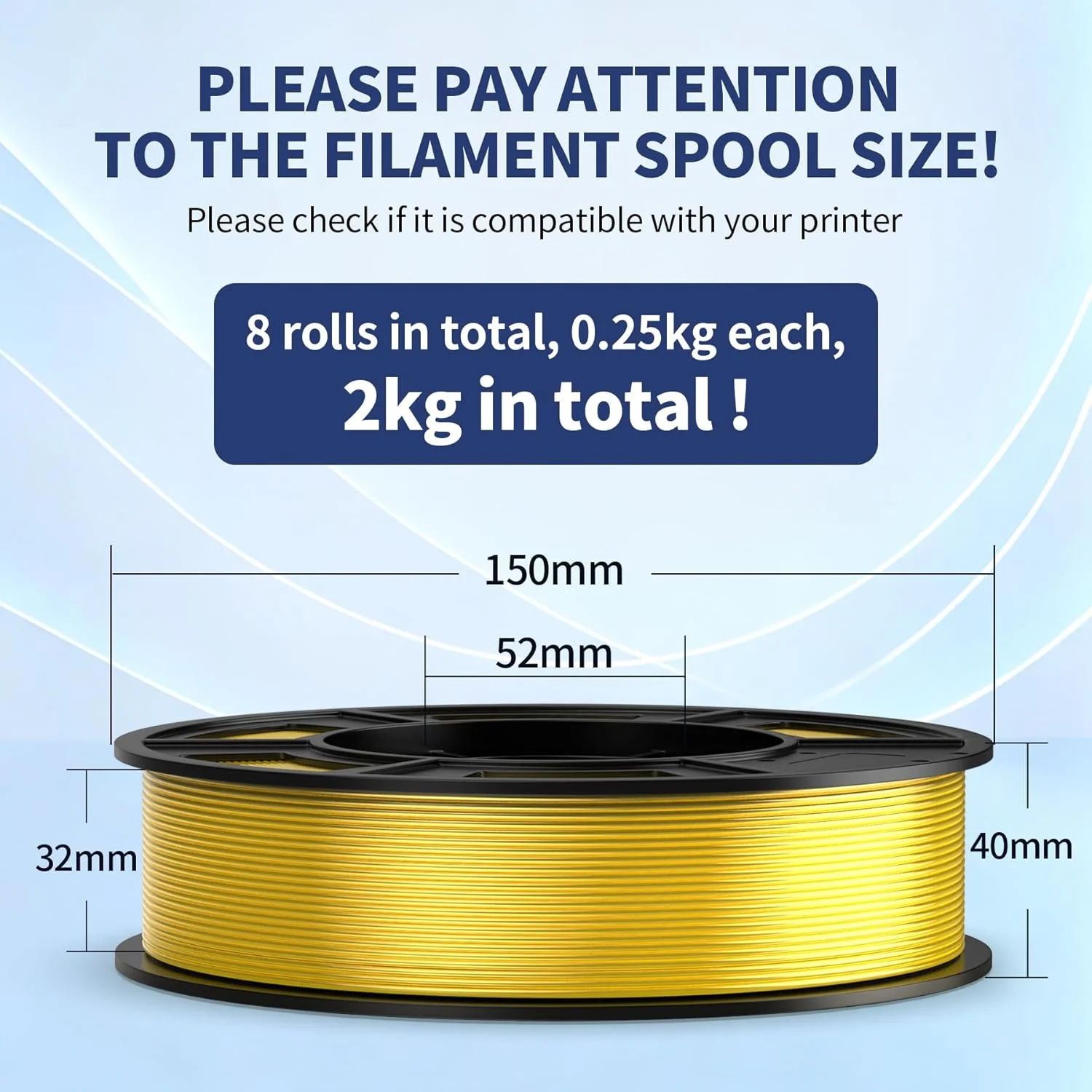 فیلامنت PLA ابریشمی بسته 8 رنگ چند رنگ، فیلامنت پرینتر سه بعدی ابریشمی 1.75 میلی متر، سطح ابریشمی صاف، بسته بندی جداگانه وکیوم شده، 0.25 کیلوگرم در هر قرقره، 2 کیلوگرم در مجموع، بسته 8 عددی