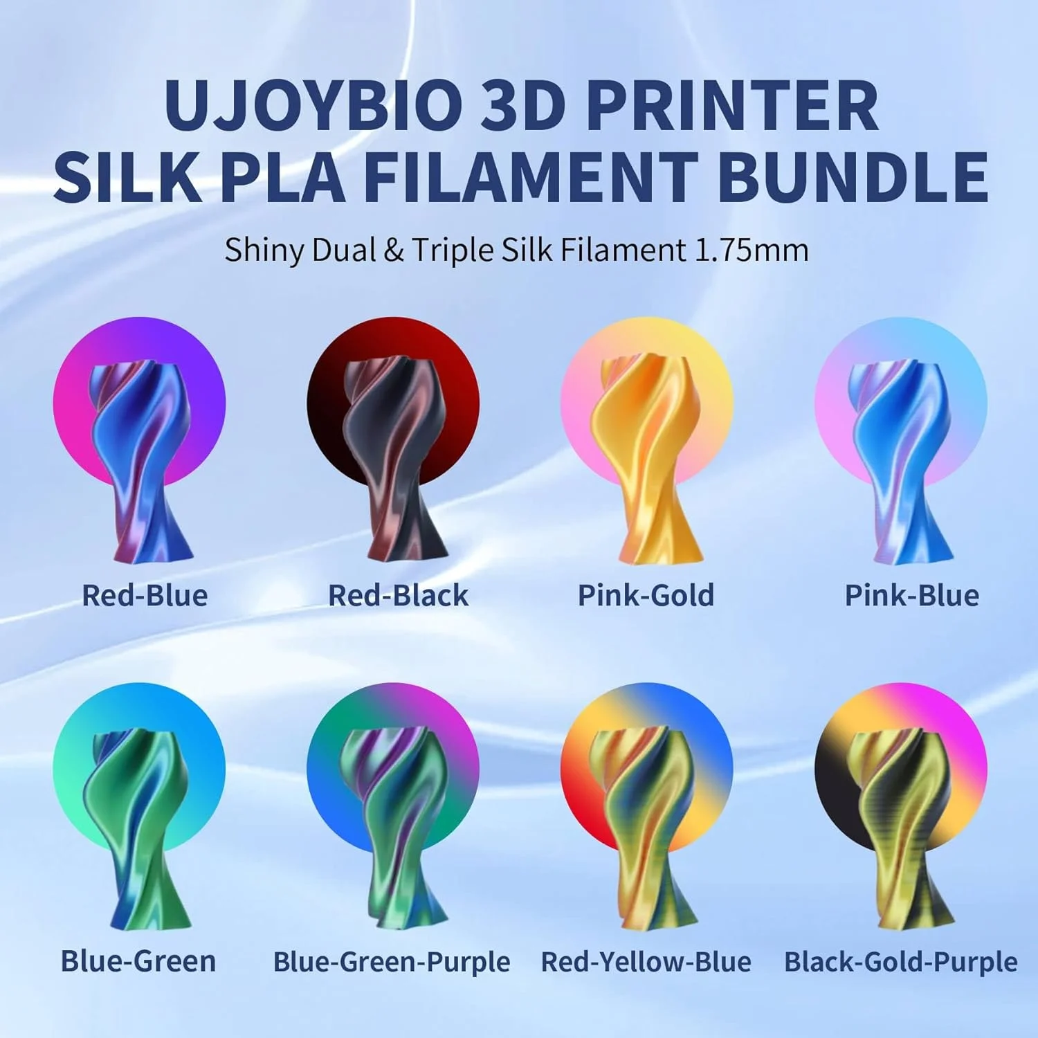 فیلامنت PLA ابریشمی بسته 8 رنگ چند رنگ، فیلامنت پرینتر سه بعدی ابریشمی 1.75 میلی متر، سطح ابریشمی صاف، بسته بندی جداگانه وکیوم شده، 0.25 کیلوگرم در هر قرقره، 2 کیلوگرم در مجموع، بسته 8 عددی