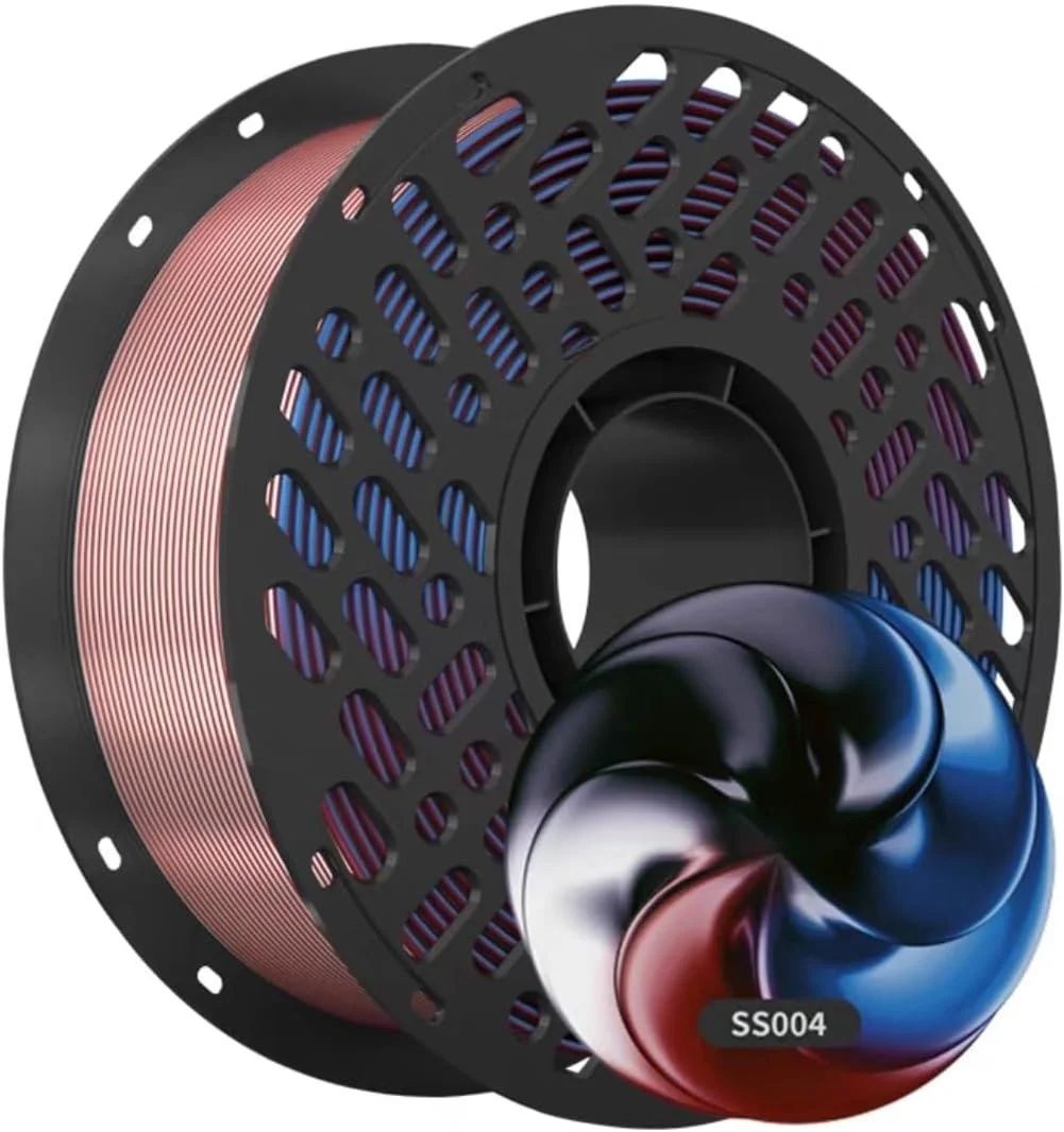 فیلامنت PLA+ ابریشمی چهار رنگ 1.75 میلی‌متری، ترکیب چهار رنگ - قرمز/آبی/مشکی/سفید، فیلامنت پرینتر سه بعدی، پرداخت براق ممتاز 1 کیلوگرمی (2.2 پوند) +/- 0.02 میلی‌متر