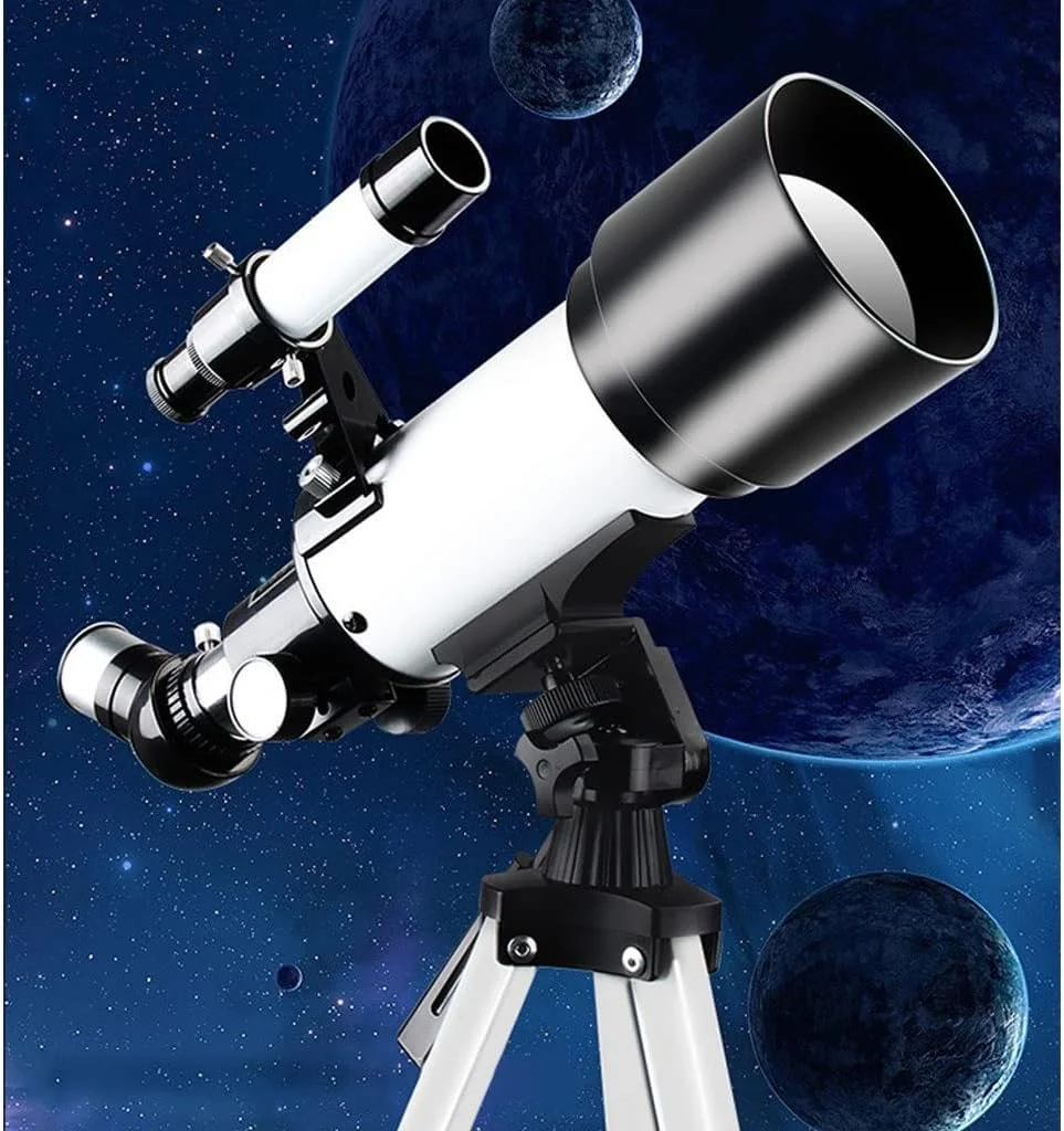 تلسکوپ مبتدی 70 میلی‌متری نجومی انکساری با سه‌پایه قابل تنظیم و قابلیت حمل آسان برای کودکان و بزرگسالان (همراه با نگهدارنده تلفن)