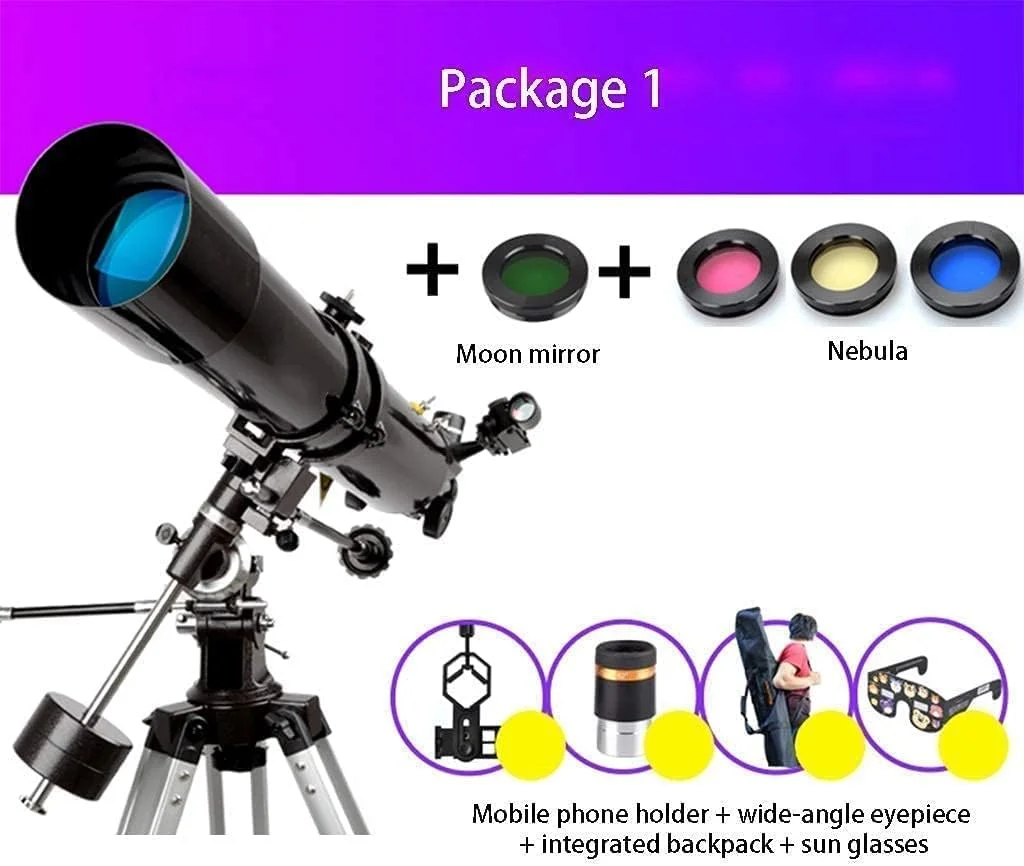 تلسکوپ منشوری ایستاده 90 درجه، تلسکوپ مبتدی قابل حمل با کالیبر 80 میلی‌متر و فاصله کانونی 900 میلی‌متر، تلسکوپ انکساری با پایه و کیف حمل