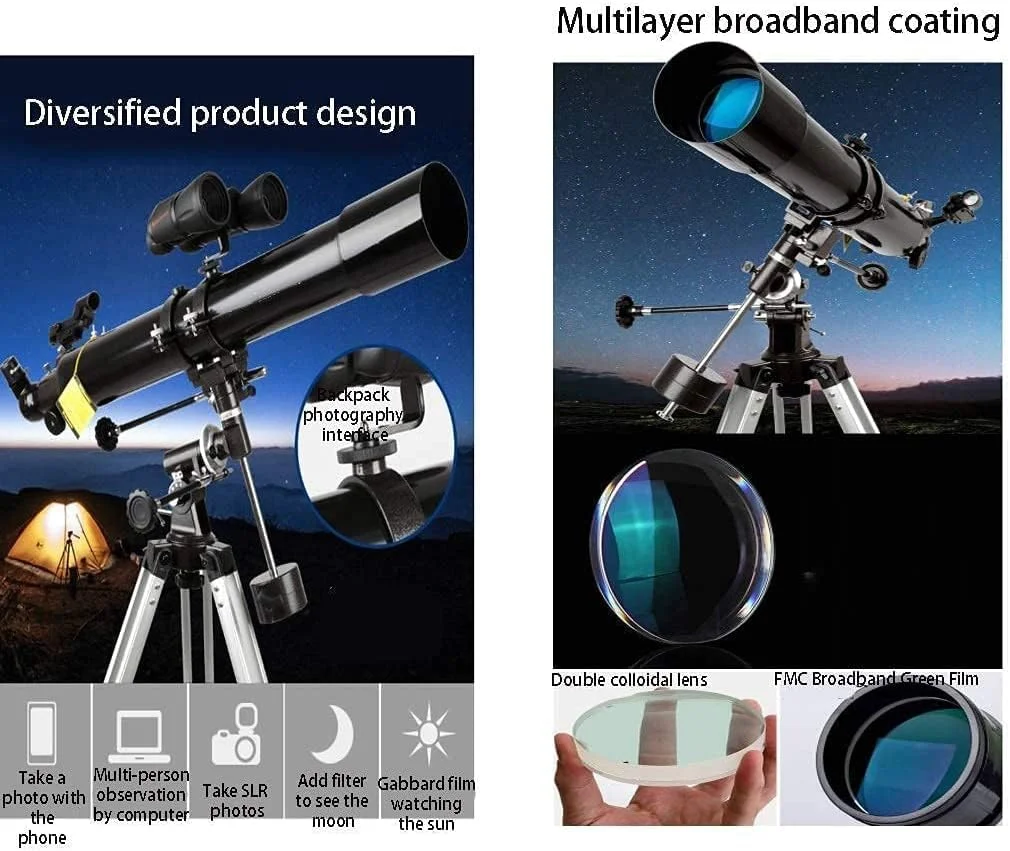 تلسکوپ منشوری ایستاده 90 درجه، تلسکوپ مبتدی قابل حمل با قطر 80 میلی متر و فاصله کانونی 900 میلی متر، تلسکوپ انکساری با پایه و کیف حمل