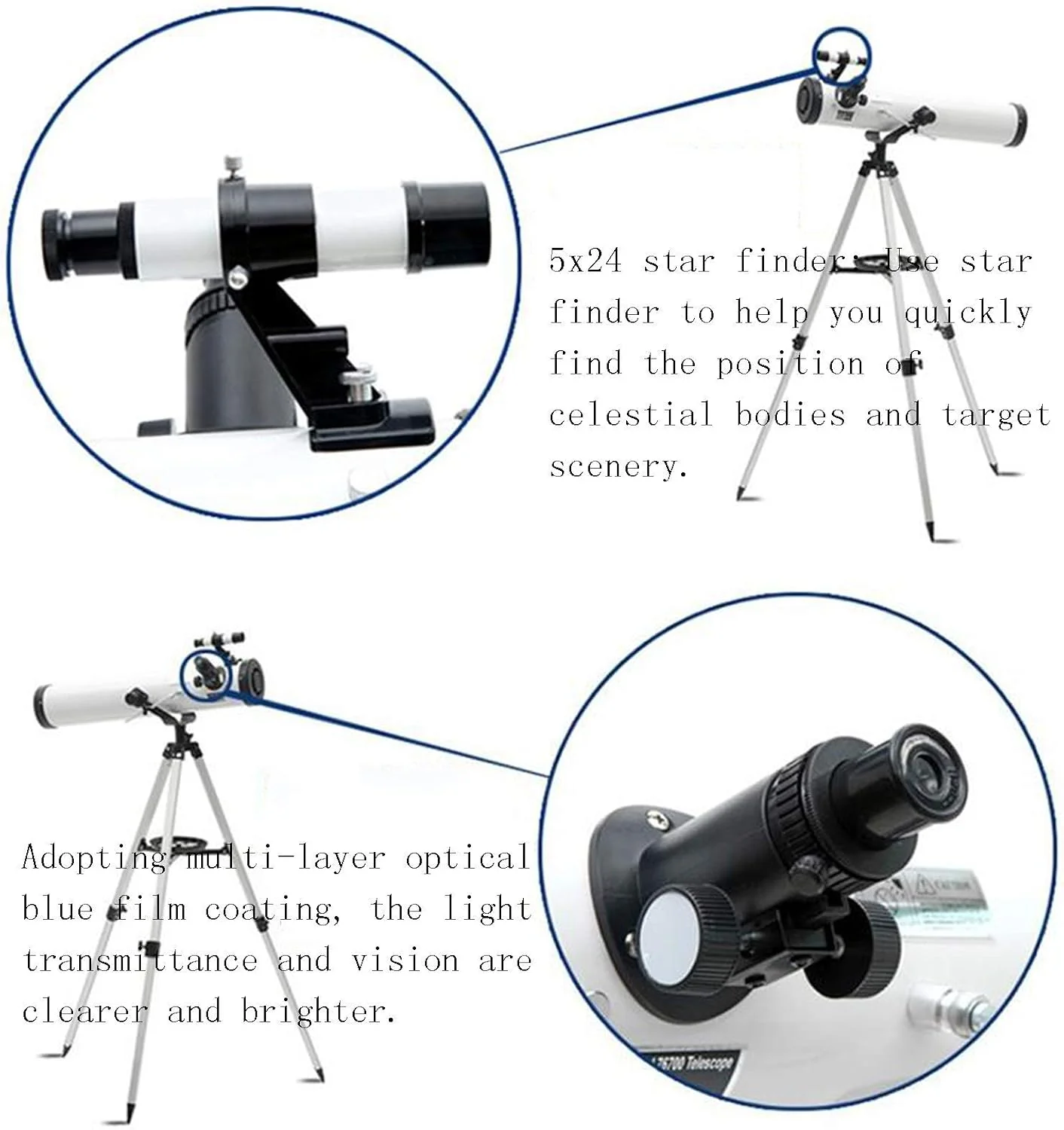 تلسکوپ، تلسکوپ با دهانه 76 میلی‌متری و پایه AZ 700 میلی‌متری، تلسکوپ برای کودکان مبتدی، اپتیک کاملاً چند لایه، شکست نجومی با سه‌پایه (نقره‌ای A)