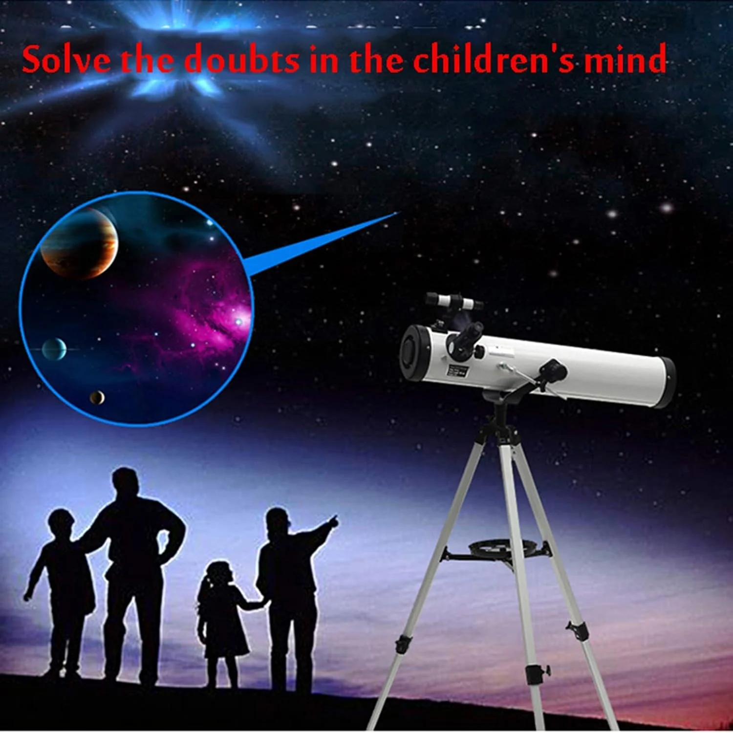 تلسکوپ، تلسکوپ با دهانه 76 میلی‌متری و پایه AZ 700 میلی‌متری، تلسکوپ برای کودکان مبتدی، اپتیک کاملاً چند لایه، شکست نجومی با سه‌پایه (نقره‌ای A)