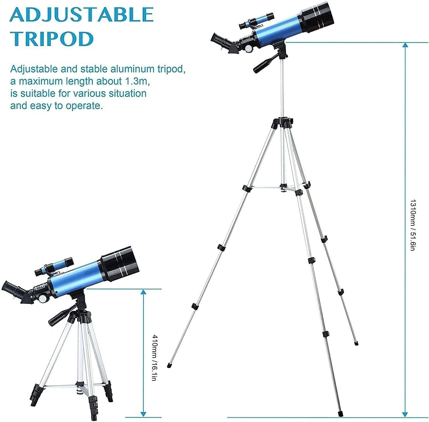 تلسکوپ TEmkin برای بزرگسالان و مبتدیان نجوم، تلسکوپ های شکستنی 70 میلی متری با سه پایه 51 اینچی قابل تنظیم، آداپتور تلفن، قطری تصویر ایستاده و فیلتر ماه
