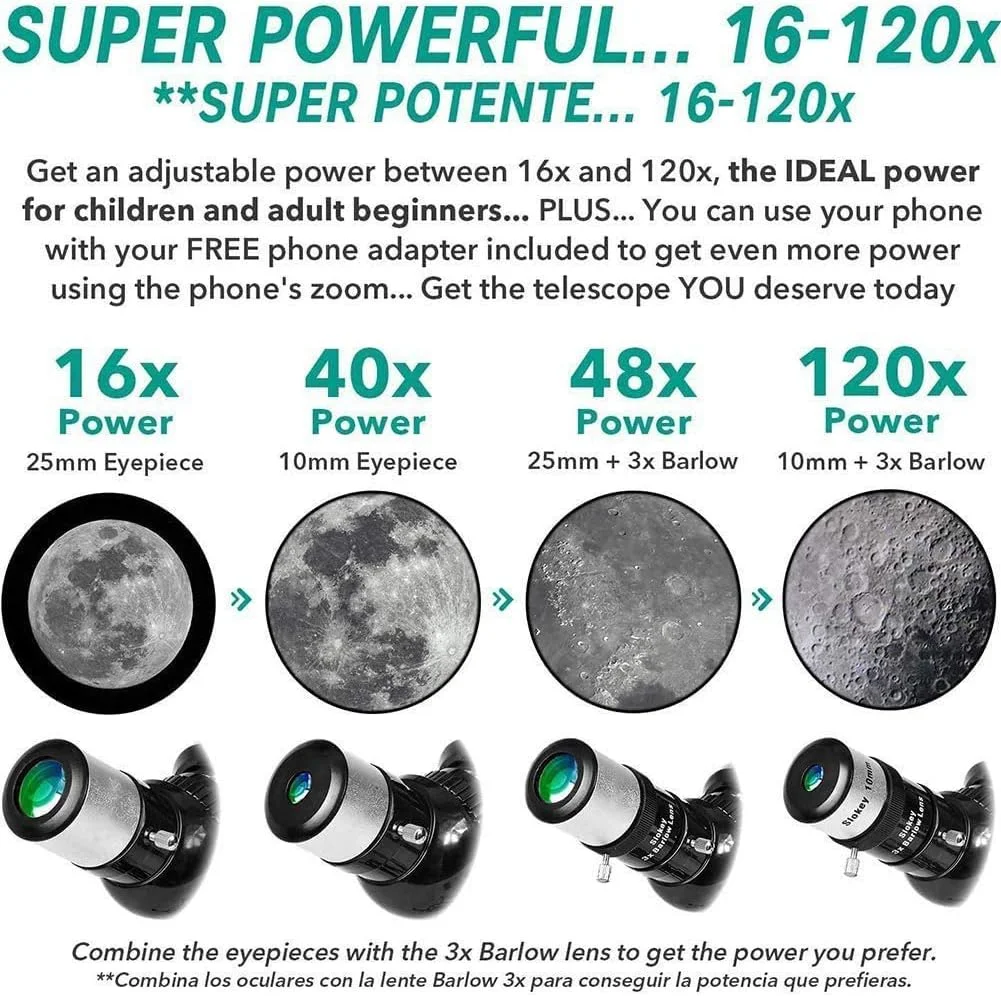 تلسکوپ منونوکولار قابل حمل، تلسکوپ شکستنی نجومی حرفه ای با سه پایه قابل تنظیم و آداپتور تلفن، تلسکوپ قابل حمل برای کودکان، بزرگسالان و مبتدیان، مونتاژ و استفاده آسان