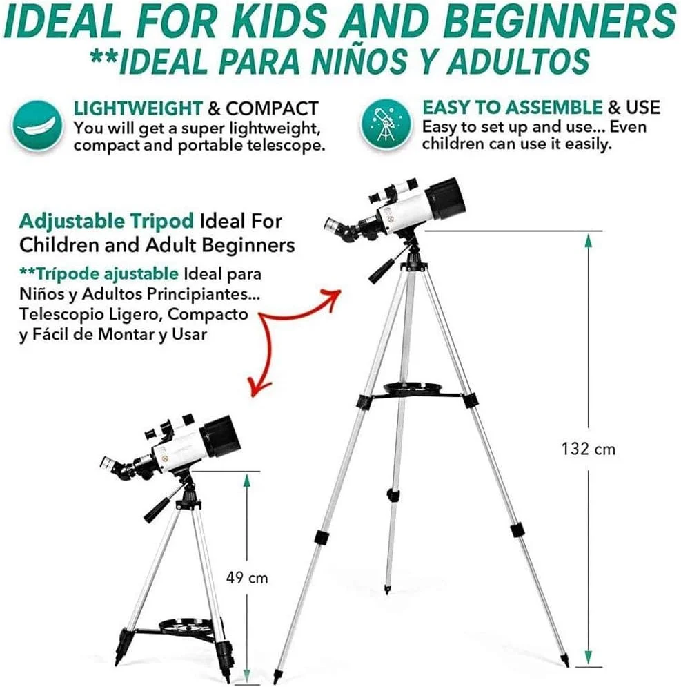 تلسکوپ منونوکولار قابل حمل، تلسکوپ شکستنی نجومی حرفه ای با سه پایه قابل تنظیم و آداپتور تلفن، تلسکوپ قابل حمل برای کودکان، بزرگسالان و مبتدیان، مونتاژ و استفاده آسان