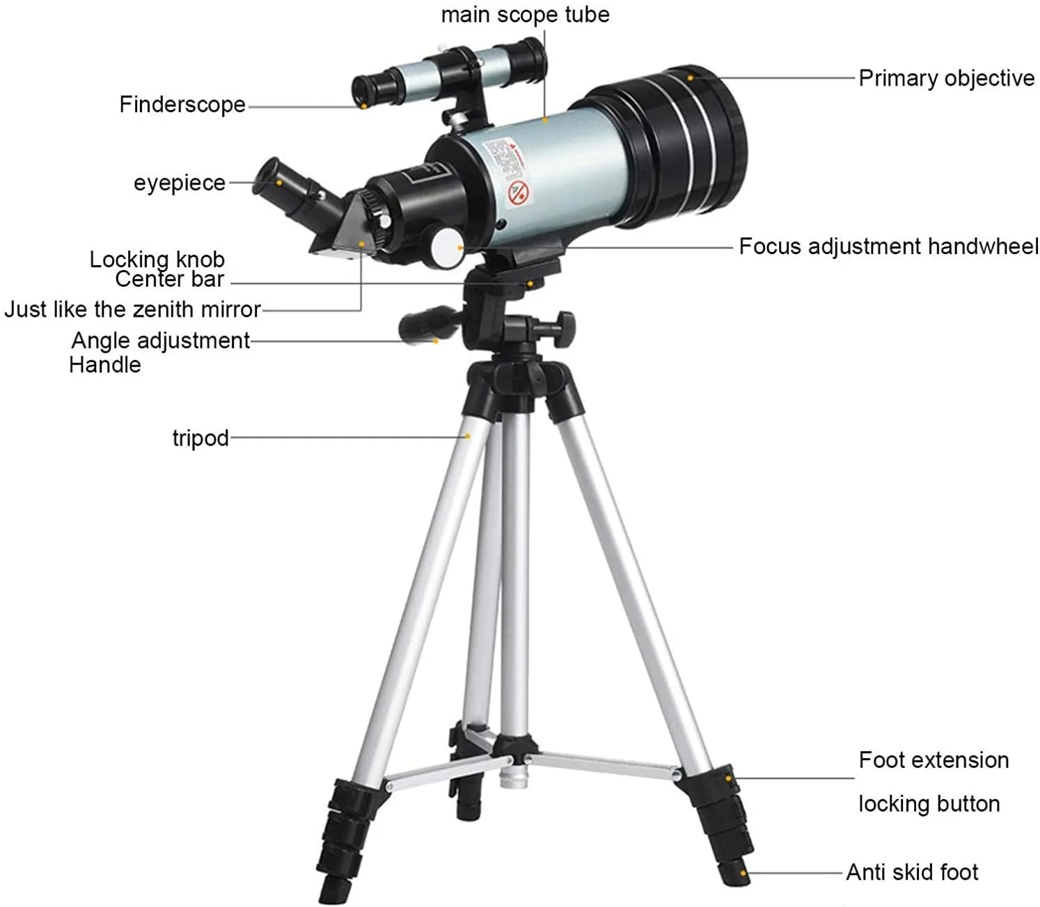 تلسکوپ نجومی تک چشمی قابل حمل برای کودکان و بزرگسالان، تلسکوپ های حرفه ای مبتدی، تلسکوپ مسافرتی انکساری نجومی با دیافراگم 70 میلی متری با سه پایه