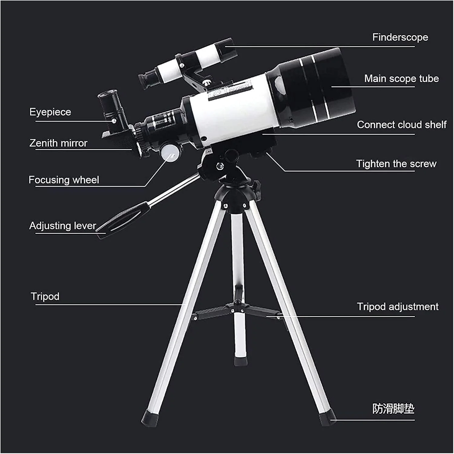 تلسکوپ KOHARA برای کودکان، بزرگسالان و مبتدیان، دهانه 70 میلی‌متری، تلسکوپ شکستنی نجومی 300 میلی‌متری با سه‌پایه و یابنده، تلسکوپ مسافرتی قابل حمل با آداپتور تلفن هوشمند و بی‌سیم