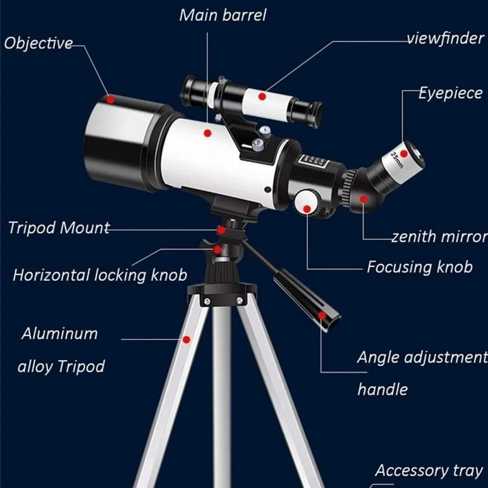 تلسکوپ KOHARA، دهانه 70 میلی‌متری، تلسکوپ شکستنی نجومی 400 میلی‌متری، تلسکوپ مسافرتی قابل حمل با سه پایه قابل تنظیم برای کودکان، بزرگسالان و مبتدیان