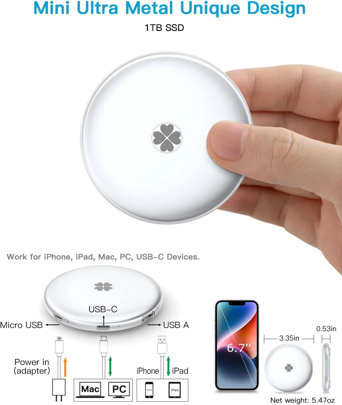 درایو حالت جامد اکسترنال 1 ترابایتی ySky دارای گواهی MFi، درایو قابل حمل برای آیفون و آیپد، مک بوک، کامپیوتر ویندوز، تلفن های اندروید، درایو فلزی برای پشتیبان گیری از عکس | ویدئو | موسیقی | فایل