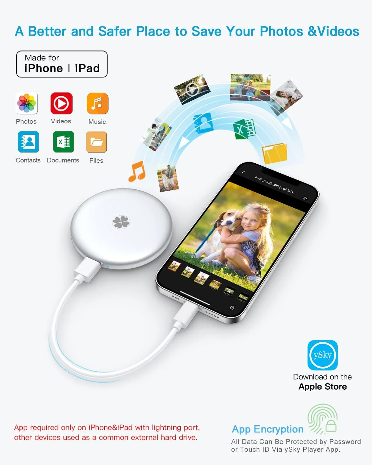 درایو حالت جامد اکسترنال 1 ترابایتی ySky دارای گواهی MFi، درایو قابل حمل برای آیفون و آیپد، مک بوک، کامپیوتر ویندوز، تلفن های اندروید، درایو فلزی برای پشتیبان گیری از عکس | ویدئو | موسیقی | فایل