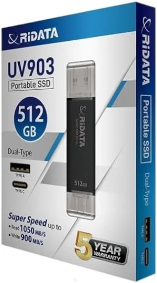 درایو حالت جامد اکسترنال قابل حمل UV903 مشکی 512 گیگابایت، سرعت خواندن/نوشتن تا 1050 مگابایت بر ثانیه و 900 مگابایت بر ثانیه، USB 3.2 Gen 2 OTG USB C و USB A، درایو انگشتی، سازگار با تلفن/PS5/اندروید/ویندوز/مک درایو حالت جامد اکسترنال قابل حمل UV903 مشکی 512 گیگابایت، سرعت خواندن/نوشتن تا 1050 مگابایت بر ثانیه و 900 مگابایت بر ثانیه، USB 3.2 Gen 2 OTG USB C و USB A، درایو انگشتی، سازگار با تلفن/PS5/اندروید/ویندوز/مک