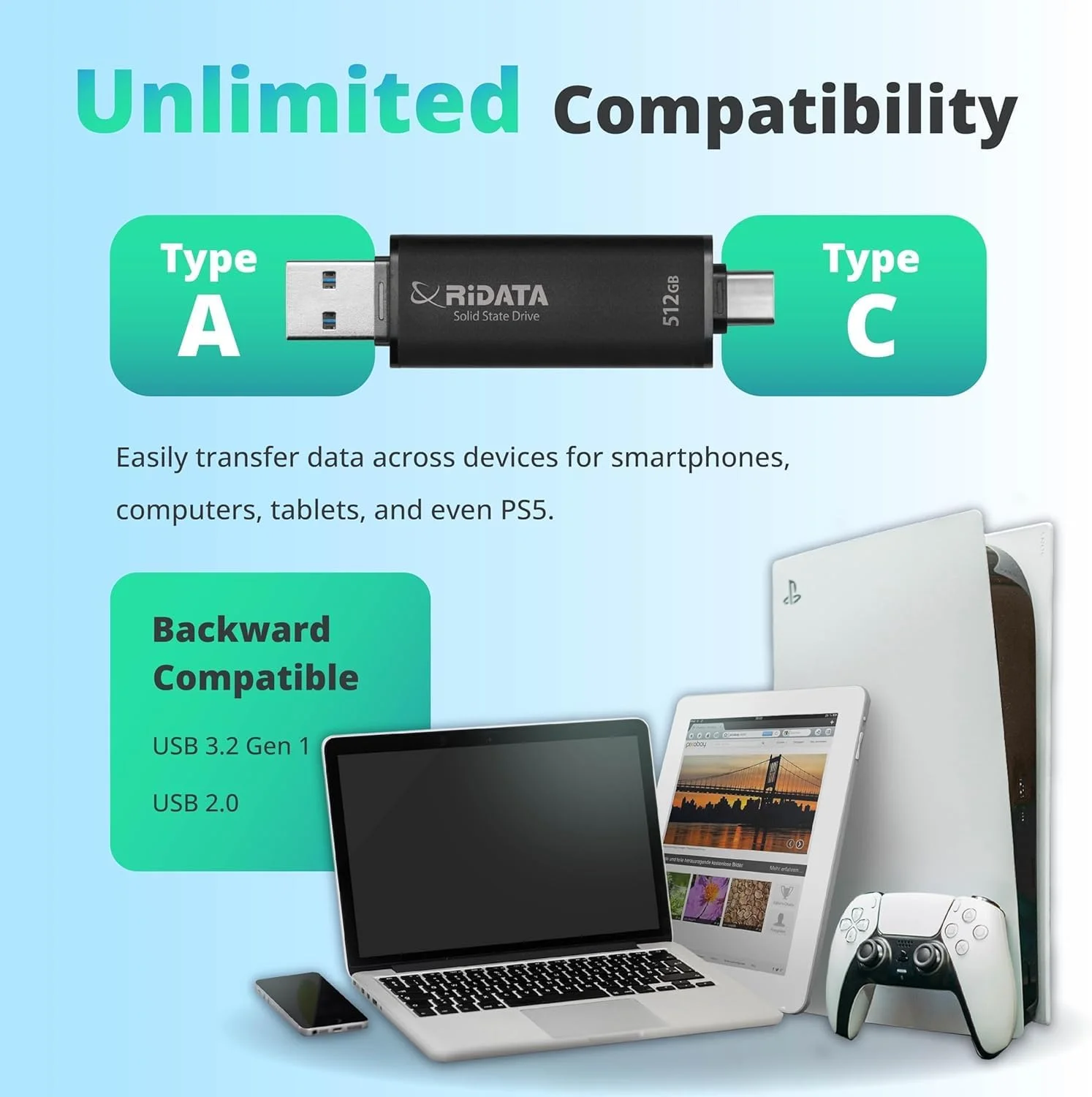 درایو حالت جامد اکسترنال قابل حمل UV903 مشکی 512 گیگابایت، سرعت خواندن/نوشتن تا 1050 مگابایت بر ثانیه و 900 مگابایت بر ثانیه، USB 3.2 Gen 2 OTG USB C و USB A، درایو انگشتی، سازگار با تلفن/PS5/اندروید/ویندوز/مک