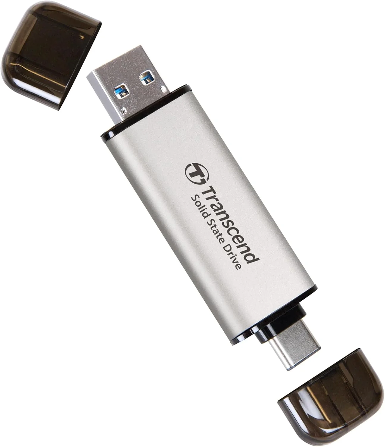 حافظه اس اس دی اکسترنال 2 ترابایتی ترنسند با سرعت بالا تا 1050 مگابایت بر ثانیه، فوق العاده جمع و جور، سازگار با Type-A/Type-C، تست شده برای USB 10Gbps، نقره ای - TS2TESD310S