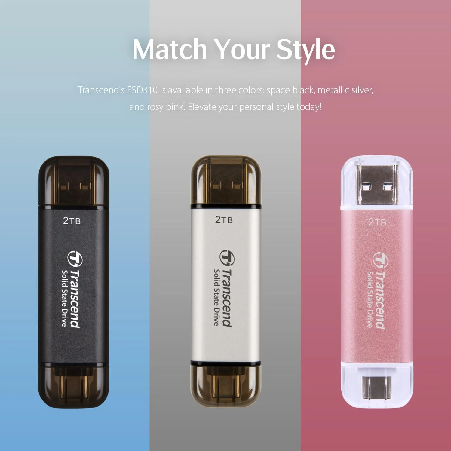 حافظه اس اس دی اکسترنال 2 ترابایتی ترنسند با سرعت بالا تا 1050 مگابایت بر ثانیه، فوق العاده جمع و جور، سازگار با Type-A/Type-C، تست شده برای USB 10Gbps، نقره ای - TS2TESD310S