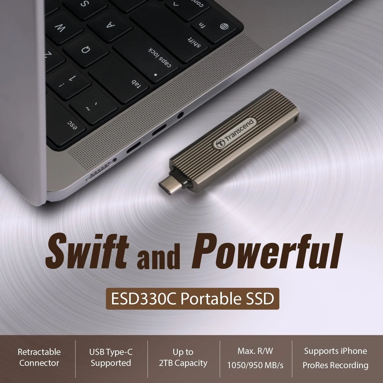 درایو حالت جامد اکسترنال ترنسند 1 ترابایت ESD330C، SSD قابل حمل، سازگار با آیفون 4K ProRes، کانکتور جمع شونده، SSD قابل حمل مینیاتوری، بدنه فلزی، تا 1050 مگابایت بر ثانیه، Type C - TS1TESD330C