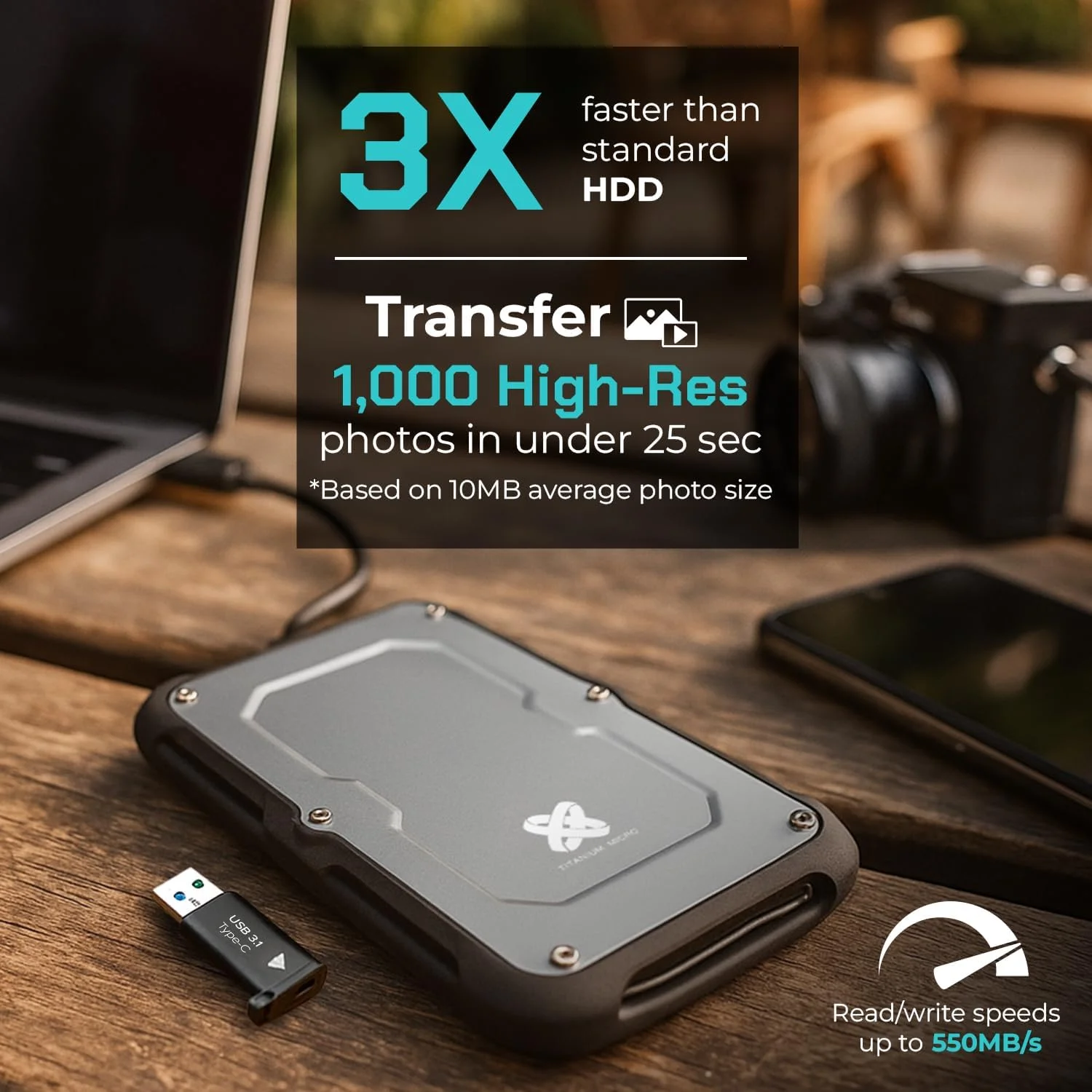 حافظه اس اس دی اکسترنال تیتانیوم میکرو وان، قابل حمل، 250 گیگابایت، USB 3.2 Gen 2، دارای استاندارد IP66 مقاوم در برابر آب، گرد و غبار و ضربه، مناسب برای کامپیوتر، لپ تاپ، مک، اندروید و کنسول بازی