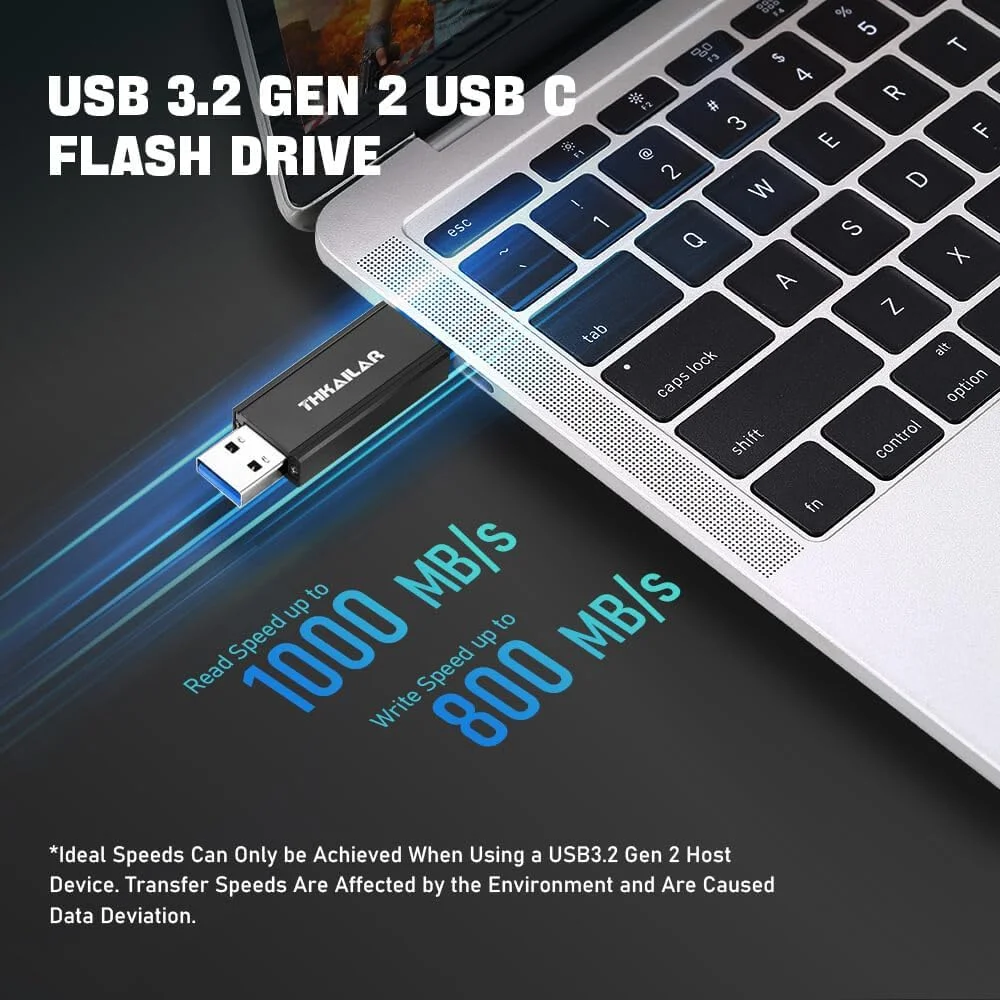 فلش مموری 1 ترابایتی THKAILAR USB C، Type-C و Type-A، USB 3.2 Gen 2 SSD قابل حمل تا 1000 مگابایت بر ثانیه، فلش درایو برای سری iPhone 15/16/Mac/PC/Android، درایو حالت جامد آلیاژ روی برای ذخیره سازی داده با سرعت بالا