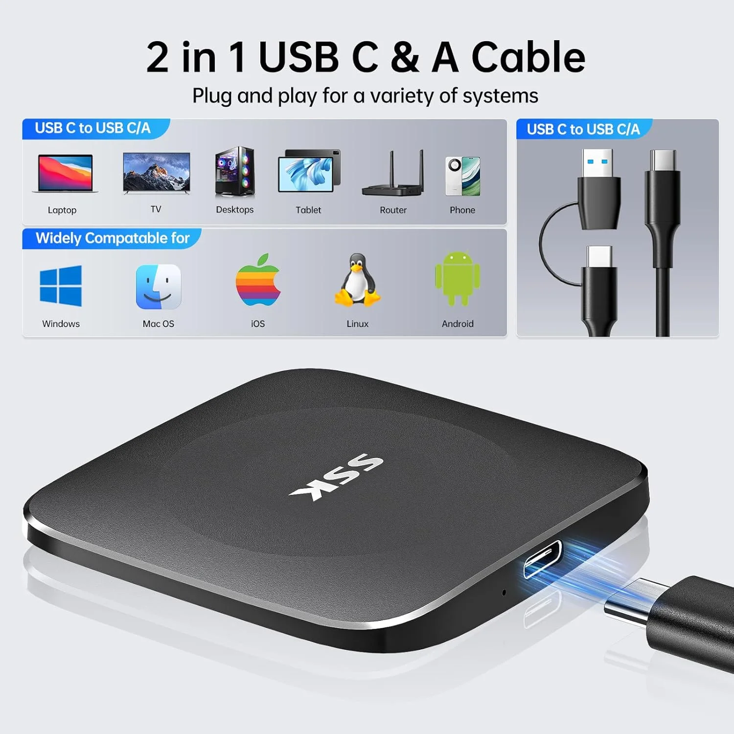 حافظه اس اس دی اکسترنال قابل حمل 256 گیگابایتی SSK، تا 550 مگابایت بر ثانیه، هارد اکسترنال با کابل Type C به USB C/A، درایوهای حالت جامد سریع USB 3.2 GEN2، فضای ذخیره سازی اکسترنال برای آیفون 15/اندروید/ویندوز/تبلت/مک/ایکس باکس