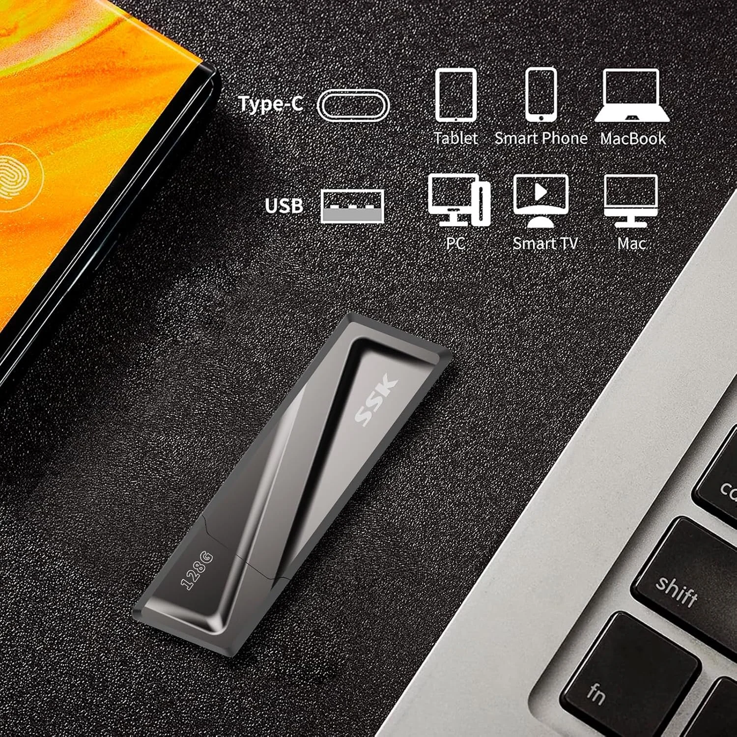 فلش مموری SSD با پورت USB 3.2 اس اس کی، ظرفیت 128 گیگابایت، سرعت بالا تا 550 مگابایت بر ثانیه + آداپتور، حافظه قابل حمل اکسترنال SSD با پورت USB 3.2 نسل 2 برای گوشی های اندروید Type-C، لپ تاپ، تبلت، مک