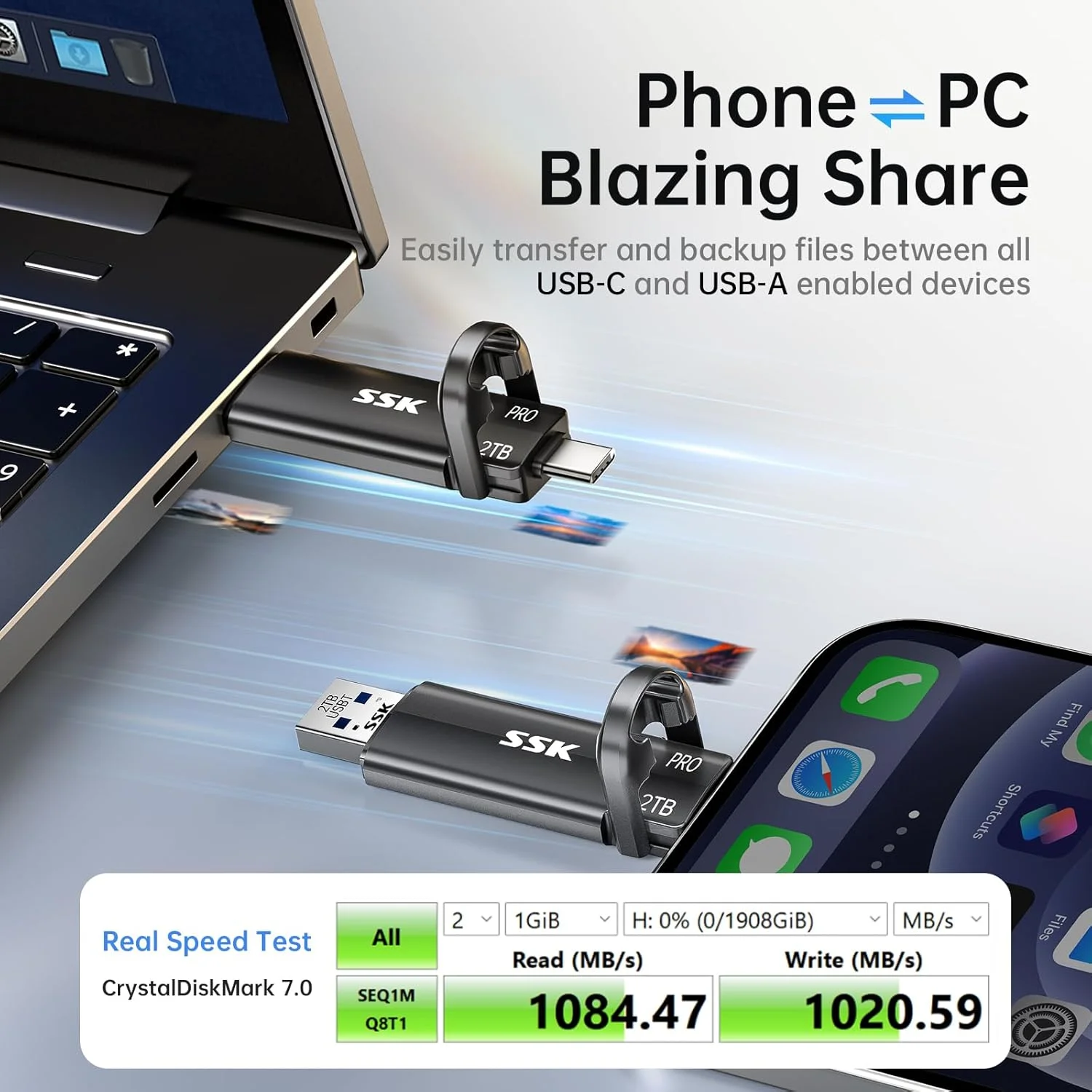 درایو اکسترنال SSD اس اس کی 2 ترابایت تا 1000 مگابایت بر ثانیه، تایپ سی + یو اس بی آ، درایو حالت جامد اکسترنال یو اس بی 3.2 نسل 2 برای آیفون 15/PS4/گوشی اندروید/تبلت/ویندوز/مک