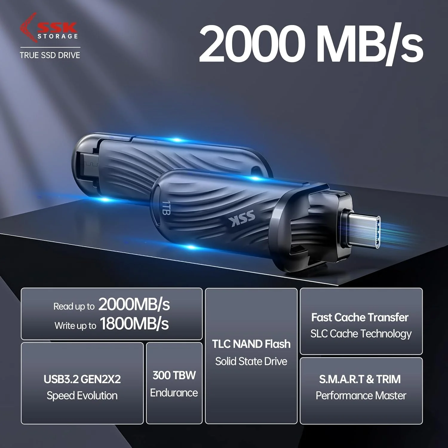 اس اس کی درایو حالت جامد اکسترنال USB با ظرفیت 1 ترابایت و سرعت تا 2000 مگابایت بر ثانیه، هارد اکسترنال تایپ سی، حافظه فلش USB 3.2 Gen 2X2 مناسب برای آیفون 15/16 پرو ProRes مک/WTG/اندروید، بدنه آلیاژ روی