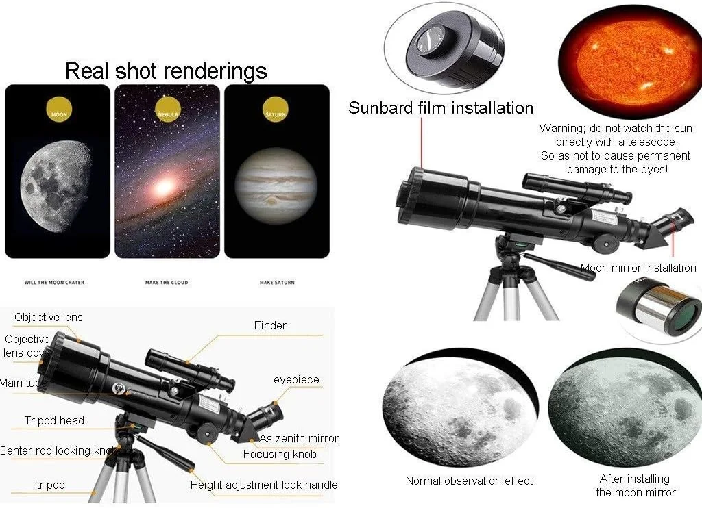 تلسکوپ نجومی سطح پایه Gerrit، تلسکوپ برای مبتدیان نجوم، تلسکوپ کودکان، دهانه 70 میلی‌متری 400 میلی‌متری AZ تلسکوپ انکساری، (رنگ: بسته 3) (بسته 2)