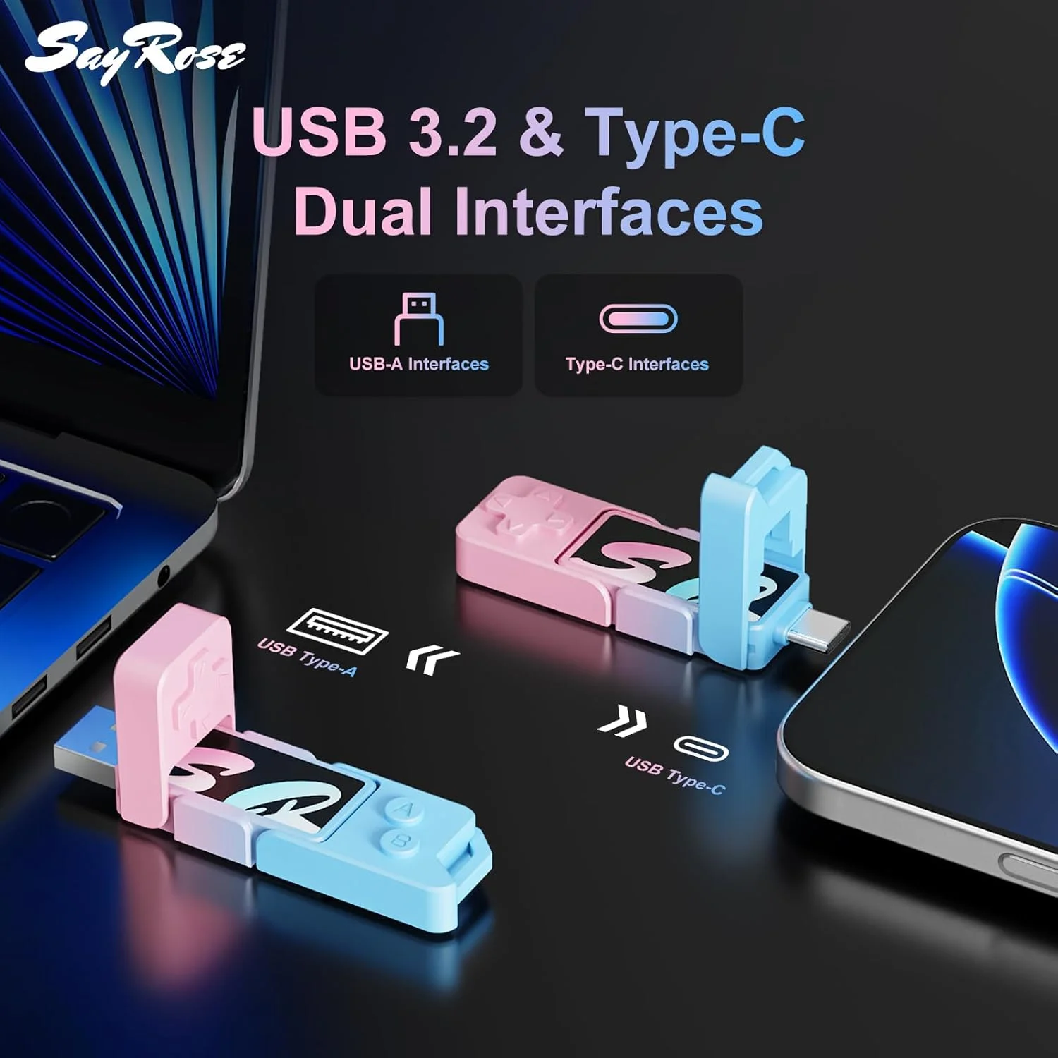 درایو حالت جامد اکسترنال SayRose با ظرفیت 512 گیگابایت، USB 3.2 با سرعت بالای 550 مگابایت بر ثانیه، فلش درایو با رابط دوگانه Type C USB برای سری iPhone/iPad/MacBook/تلفن/تبلت اندروید