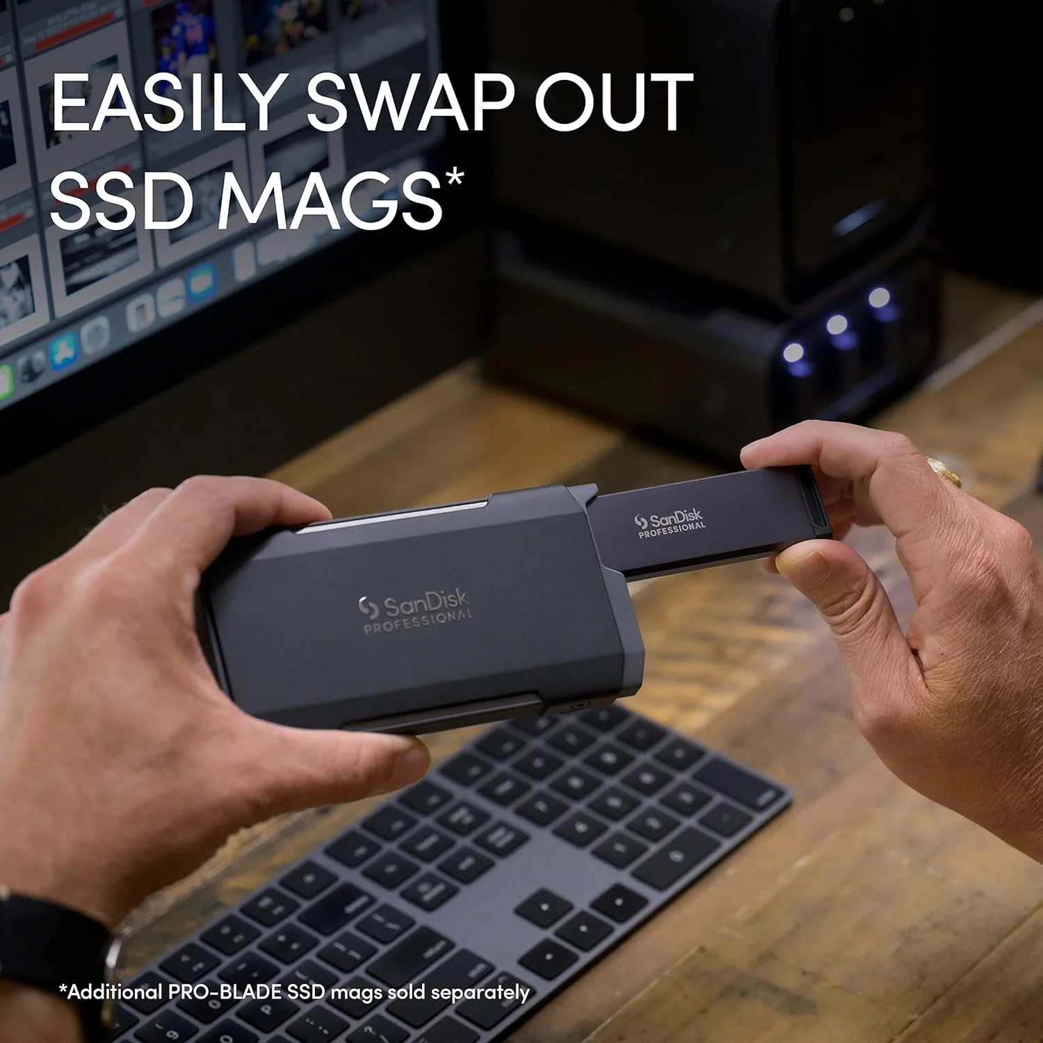 محفظه SSD قابل حمل SanDisk Professional PRO-BLADE به همراه SSD یک ترابایتی PRO-BLADE. USB-C با سرعت انتقال تا 2000 مگابایت بر ثانیه