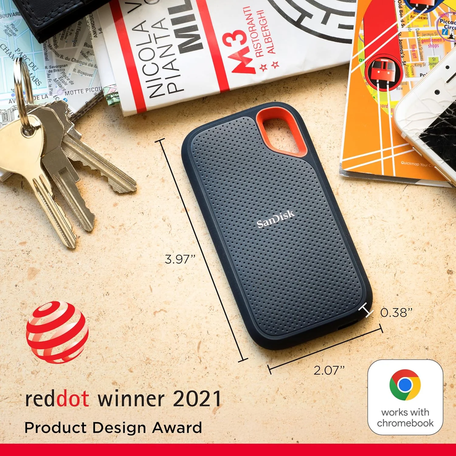 حافظه اس اس دی اکسترنال قابل حمل سن‌دیسک اکستریم با ظرفیت 4 ترابایت، سرعت انتقال تا 1050 مگابایت بر ثانیه، USB C و USB 3.2 نسل 2، مدل SDSSDE61 4T00 G25، آبی