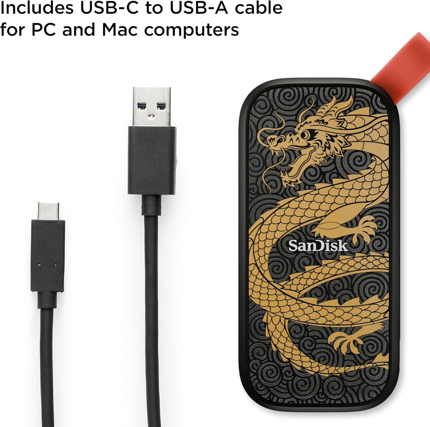 حافظه اس اس دی اکسترنال قابل حمل 1 ترابایتی SanDisk، نسخه Dragon - سرعت تا 800 مگابایت بر ثانیه، USB-C، USB 3.2 Gen 2، فریمور بروز شده - مدل SDSSDE30-2T00-G26