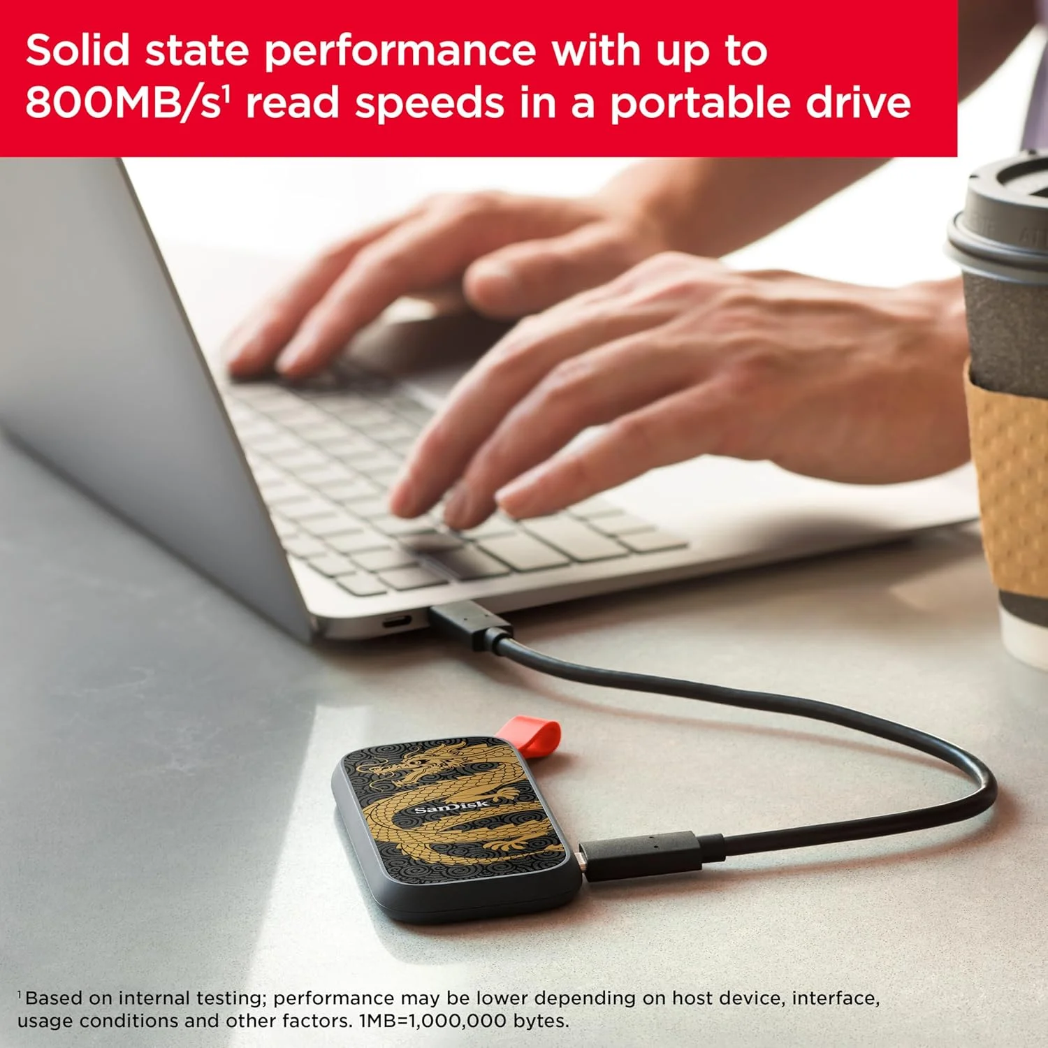 حافظه اس اس دی اکسترنال قابل حمل 1 ترابایتی SanDisk، نسخه Dragon - سرعت تا 800 مگابایت بر ثانیه، USB-C، USB 3.2 Gen 2، فریمور بروز شده - مدل SDSSDE30-2T00-G26