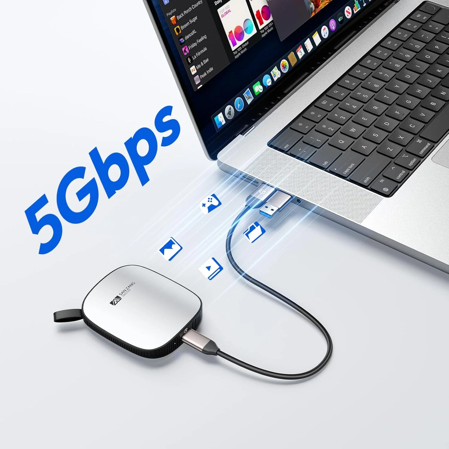 حافظه اس اس دی اکسترنال قابل حمل SAN ZANG MASTER با ظرفیت 1 ترابایت، طراحی مدرن و مینیمالیستی، بدنه آلومینیومی سبک، سازگار با USB-C برای کامپیوتر و لپ تاپ